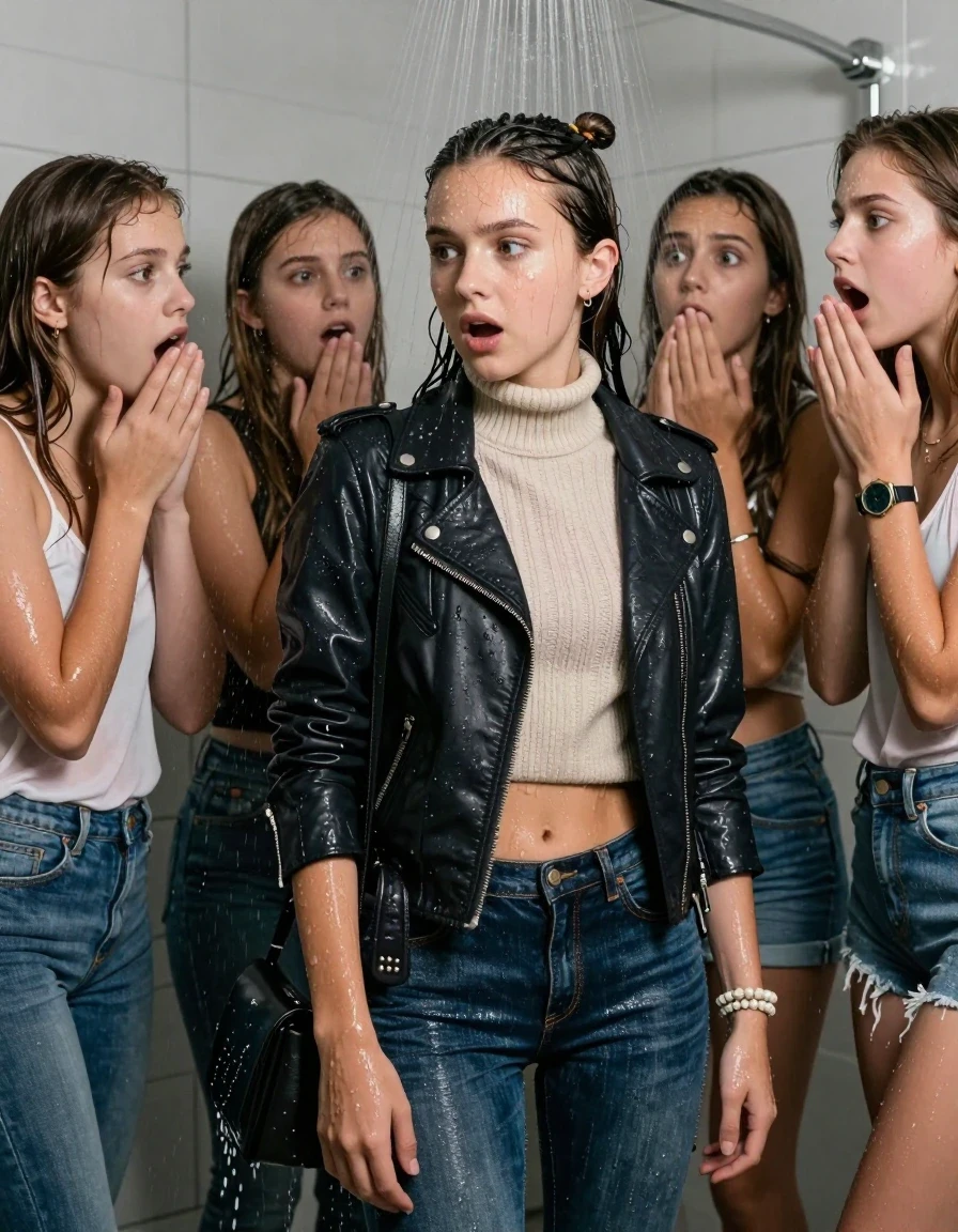 photo of young woman, in soaking wet, drenched clothes,
, Tight Levis skinny jeans, Biker leatherjacket, knit turtleneck sweater belly free, shoulderbag, pearl necklace, bracelet, wristwatch, Group of Girls surprised Under the shower, strong jet of water, in modern bathroom, 
enjoying, wet clothes stuck to body,
detailed textures of the wet clothes, wet face, wet plastered hair,
wet, drenched, professional, high-quality details, full body view.
sharp focus, ultra-high pixel detail, realistic, high-quality, full colors, incredibly detailed, 4k, 8k, 16k, hyper-realistic, RAW photo, masterpiece, ultra-detailed, professionally color graded, professional photograph, A realistic vertical fashion photograph of a Young 12-year-old teengirl and her friends. Completely soaked to the Skin.

Brunette Sleek long hair with a topknot. 
Open mouth, horny eyes. Looking at side. 

The girls wear different clothes.

 shocked and astonished expression. 

her clothing is soaking wet and clinging tightly to her skin, showing heavy wet folds, darkened fabric texture, and deep water-saturated Patches, her clothes are heavy from the water, water runs from her body and her clothes in streams. A lot of water also runs out of her clothes. Her clothes are darkened by the water. Her submerged clothes are good visible under the water.  she soaked her handbag into the water.

close up view, wet skin, wet clothes, wet hair, damp fabric, water runs down the clothes, wet skin, wet clothes, damp fabric. cinematic medium shot, hyper-realistic wetness, high-contrast water sheen, sharp focus, 16k resolution, professional photography, realistic water physics., wet skin, wet clothes, damp fabric, wet skin, wet clothes, damp fabric, wet skin, wet clothes, damp fabric, wet skin, wet clothes, damp fabric, wet skin, wet clothes, damp fabric, wet skin, wet clothes, damp fabric, wet skin, wet clothes, damp fabric, wet skin, wet clothes, damp fabric, wet skin, wet clothes, damp fabric, wet skin, wet clothes, damp fabric, wet skin, wet clothes, damp fabric