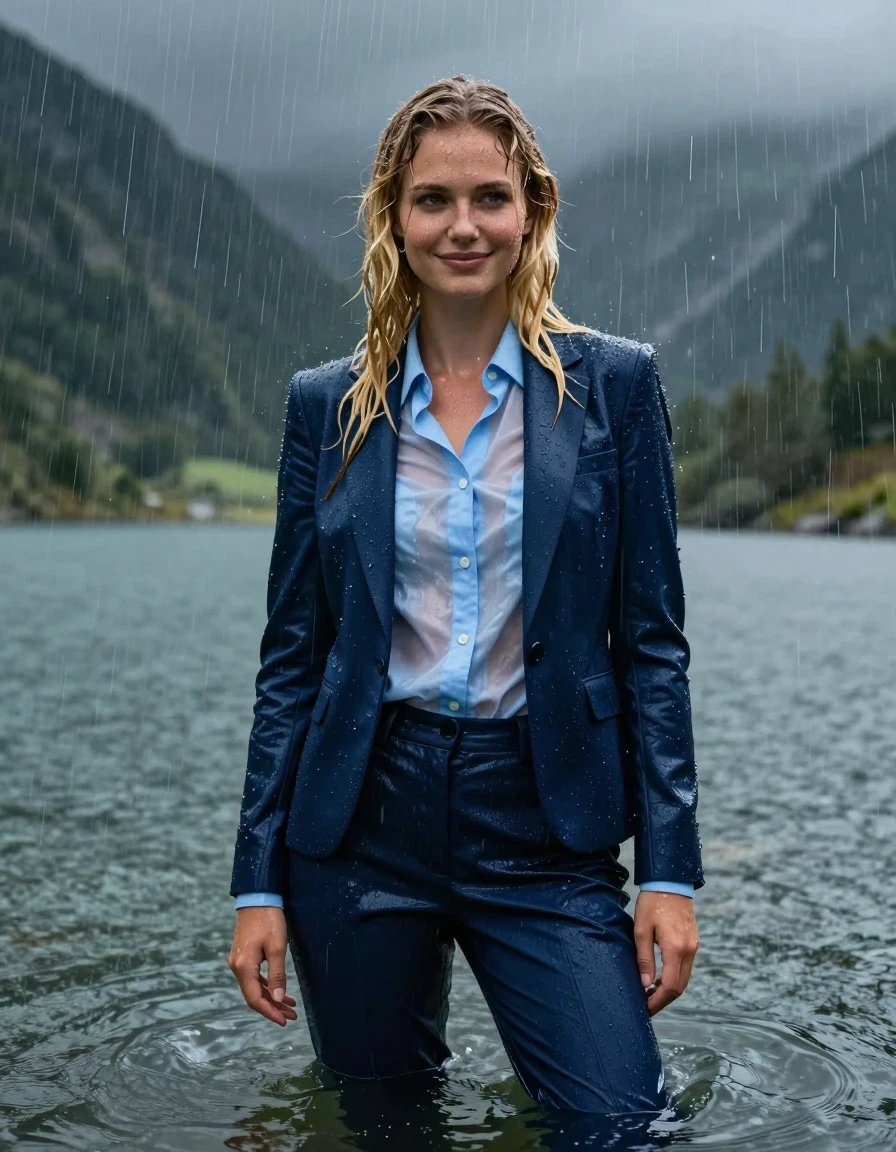 Full body shot of a young European woman with a long layered cut and side-parted blonde hair, standing waist-deep in a mountain lake during a heavy rainstorm. She is wearing a dark blue business suit jacket over a light blue button-down long-sleeve shirt with a popped-up collar, paired with dark blue business suit trousers. The clothing is completely soaked, fully drenched, and heavy with water, with the wet fabric clinging tightly to her body and the light blue shirt becoming translucent. Her skin is glistening with wetness, and her hair is matted and dripping. She is smiling slightly with open eyes, looking directly ahead while being showered by the intense rain. The environment is a dramatic mountain lake landscape under a dark, stormy sky. The lighting is moody and cinematic, highlighting the water sheen on her skin and the deep, saturated tones of the soaked business attire. High-resolution, photorealistic, 4k, sharp focus on texture and damp fabric details.