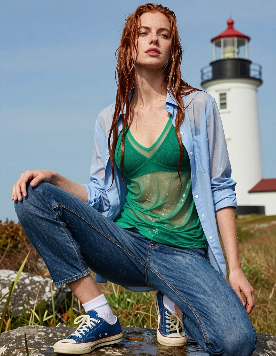 photo of young woman, in soaking wet, drenched clothes,
wet blue sneakers and white ankle socks, long blue denim jeans, light blue men's dress wet shirt unbuttoned revealing a wet green short vee neck tee shirt with a green bra showing at the top of the vee neck, lubec maine lighthouse sunny day, 
enjoying, wet clothes stuck to body,
detailed textures of the wet clothes, wet face, wet plastered hair,
wet, drenched, professional, high-quality details, full body view.
sharp focus, ultra-high pixel detail, realistic, high-quality, full colors, incredibly detailed, 4k, 8k, 16k, hyper-realistic, RAW photo, masterpiece, ultra-detailed, professionally color graded, professional photograph, very long wet and tangled red hair hanging down over the shirt, wet skin, wet clothes, damp fabric