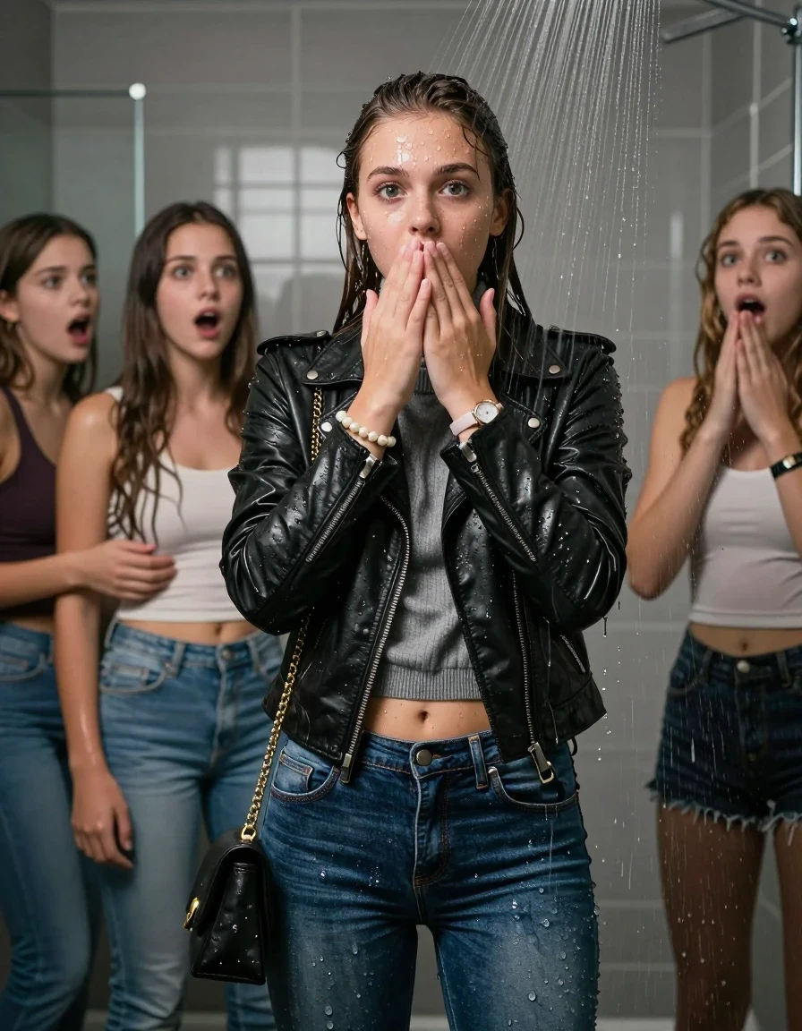 photo of young woman, in soaking wet, drenched clothes,
, Tight Levis skinny jeans, Biker leatherjacket, grey knit turtleneck sweater belly free, handbag, pearl necklace, bracelet, wristwatch, Under the shower, strong jet of water, in modern bathroom, 
enjoying, wet clothes stuck to body,
detailed textures of the wet clothes, wet face, wet plastered hair,
wet, drenched, professional, high-quality details, full body view.
sharp focus, ultra-high pixel detail, realistic, high-quality, full colors, incredibly detailed, 4k, 8k, 16k, hyper-realistic, RAW photo, masterpiece, ultra-detailed, professionally color graded, professional photograph, A realistic vertical fashion photograph of a Young 12-year-old teengirl and her friends. Completely soaked to the Skin.

Brunette Sleek long hair with a topknot. 
Open mouth, big eyes. Looking at camera. One Hold her hands over her mouth. 

The girls wear different clothes.

she is completely underwater up to her neck, shocked and astonished expression. 

her clothing is soaking wet and clinging tightly to her skin, showing heavy wet folds, darkened fabric texture, and deep water-saturated Patches, her clothes are heavy from the water, water runs from her body and her clothes in streams. A lot of water also runs out of her clothes. Her clothes are darkened by the water. Her submerged clothes are good visible under the water.  she soaked her handbag into the water.

close up view, wet skin, wet clothes, wet hair, damp fabric, water runs down the clothes, wet skin, wet clothes, damp fabric. cinematic medium shot, hyper-realistic wetness, high-contrast water sheen, sharp focus, 16k resolution, professional photography, realistic water physics., wet skin, wet clothes, damp fabric, wet skin, wet clothes, damp fabric, wet skin, wet clothes, damp fabric, wet skin, wet clothes, damp fabric, wet skin, wet clothes, damp fabric, wet skin, wet clothes, damp fabric, wet skin, wet clothes, damp fabric, wet skin, wet clothes, damp fabric, wet skin, wet clothes, damp fabric, wet skin, wet clothes, damp fabric, wet skin, wet clothes, damp fabric