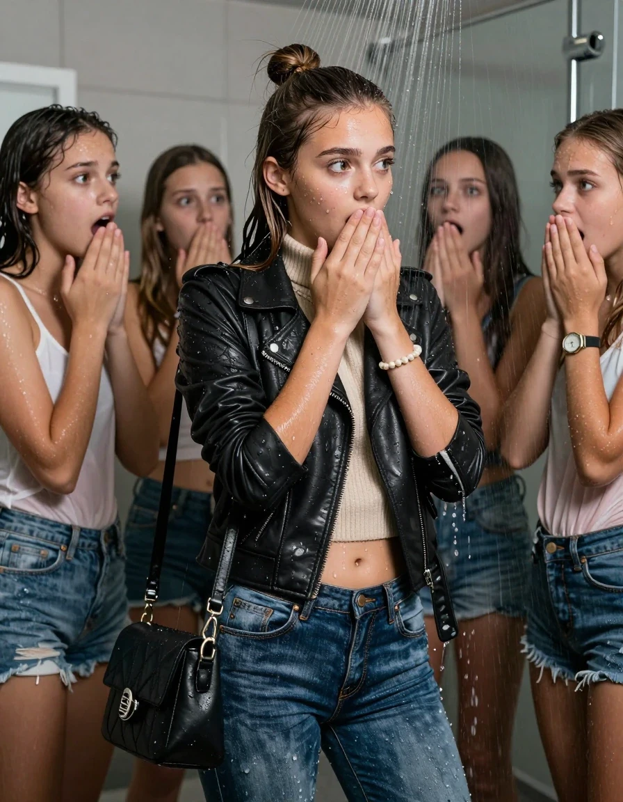 photo of young woman, in soaking wet, drenched clothes,
, Tight Levis skinny jeans, Biker leatherjacket, knit turtleneck sweater belly free, shoulderbag, pearl necklace, bracelet, wristwatch, Group of Girls Under the shower, strong jet of water, in modern bathroom, 
enjoying, wet clothes stuck to body,
detailed textures of the wet clothes, wet face, wet plastered hair,
wet, drenched, professional, high-quality details, full body view.
sharp focus, ultra-high pixel detail, realistic, high-quality, full colors, incredibly detailed, 4k, 8k, 16k, hyper-realistic, RAW photo, masterpiece, ultra-detailed, professionally color graded, professional photograph, A realistic vertical fashion photograph of a Young 12-year-old teengirl and her friends. Completely soaked to the Skin.

Brunette Sleek long hair with a topknot. 
Open mouth, big horny eyes. Looking at side.  Hold her hands over her mouth.

The girls wear different clothes.

 shocked and astonished expression. 

her clothing is soaking wet and clinging tightly to her skin, showing heavy wet folds, darkened fabric texture, and deep water-saturated Patches, her clothes are heavy from the water, water runs from her body and her clothes in streams. A lot of water also runs out of her clothes. Her clothes are darkened by the water. Her submerged clothes are good visible under the water.  she soaked her handbag into the water.

close up view, wet skin, wet clothes, wet hair, damp fabric, water runs down the clothes, wet skin, wet clothes, damp fabric. cinematic medium shot, hyper-realistic wetness, high-contrast water sheen, sharp focus, 16k resolution, professional photography, realistic water physics., wet skin, wet clothes, damp fabric, wet skin, wet clothes, damp fabric, wet skin, wet clothes, damp fabric, wet skin, wet clothes, damp fabric, wet skin, wet clothes, damp fabric, wet skin, wet clothes, damp fabric, wet skin, wet clothes, damp fabric, wet skin, wet clothes, damp fabric, wet skin, wet clothes, damp fabric, wet skin, wet clothes, damp fabric, wet skin, wet clothes, damp fabric