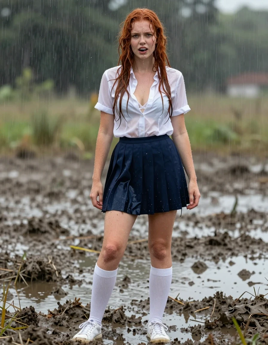 photo of young woman, in soaking wet, drenched clothes,
wet white sneakers, wet knee high white socks wet fabric, very very  short wet navy blue schoolgirl skirt, wet white blouse partially unbuttoned showing wet white bra, standing in a muddy swamp up to her ankles, 
enjoying, wet clothes stuck to body,
detailed textures of the wet clothes, wet face, wet plastered hair,
wet, drenched, professional, high-quality details, full body view.
sharp focus, ultra-high pixel detail, realistic, high-quality, full colors, incredibly detailed, 4k, 8k, 16k, hyper-realistic, RAW photo, masterpiece, ultra-detailed, professionally color graded, professional photograph, wet tangled long red hair hanging down front of blouse
clothes are muddy, mad expression on facing with mouth saying "Fuck", wet skin, wet clothes, damp fabric, raining, water dripping off hair, body and clothes, wet skin, wet clothes, damp fabric