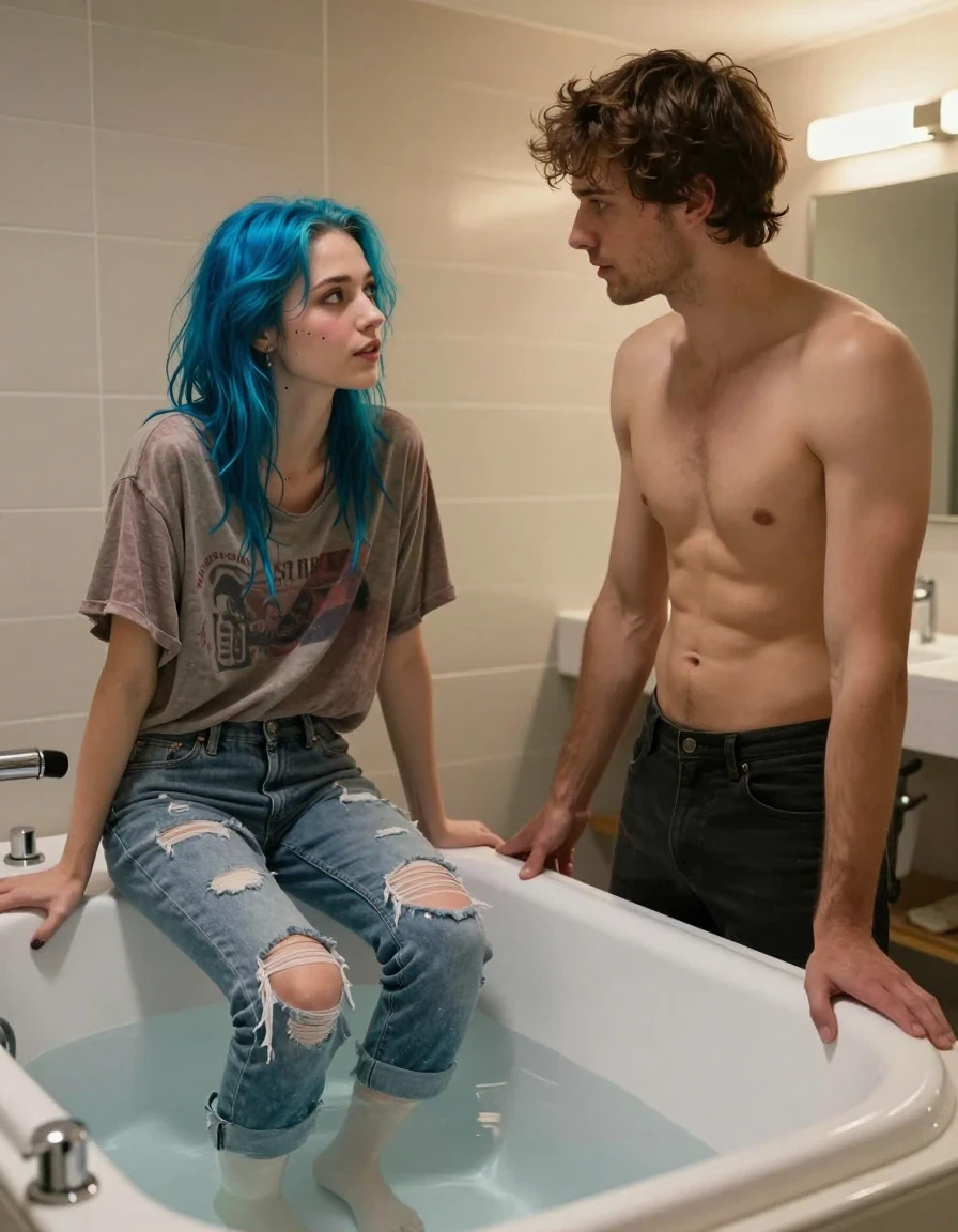 A realistic vertical photograph of Sam and the user in the bathroom by a steaming bathtub. Sam is a 20-year-old non-binary person, 5'9", lean, with pale skin, bright neon-blue dyed hair, and visible facial piercings. Sam is wearing a baggy vintage band shirt and distressed jeans, but their feet are bare and submerged in the warm bath water. Sam is leaning against the edge of the tub, looking at the man beside them with an expectant, slightly flushed expression. The man is an adult man with a lean build, standing close to Sam and looking at them. The bathroom features modern tiling, soft warm lighting, and a steaming full bathtub. 2 people, Sam is on the left, the man is on the right, Sam's face is three_quarter, face_swap_safe false.