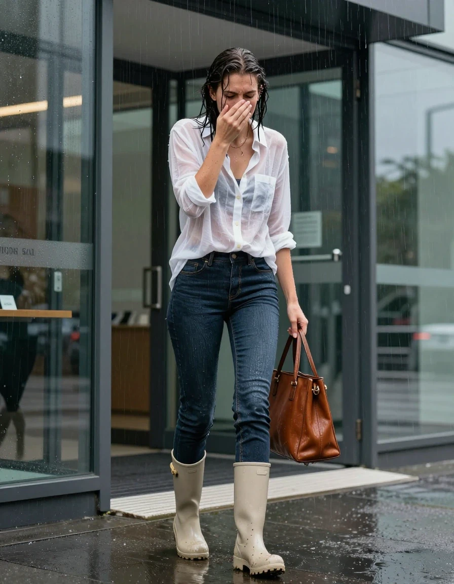 photo of young woman, in soaking wet, drenched clothes,
beige rubber ankle boots with mud splatters, slim-fit dark denim jeans, soaked and clinging, sheer white linen button-down shirt, saturated and translucent, layered over a high-neck camisole, modern glass and steel office building entrance during a summer thunderstorm, 
enjoying, wet clothes stuck to body,
detailed textures of the wet clothes, wet face, wet plastered hair,
wet, drenched, professional, high-quality details, full body view.
sharp focus, ultra-high pixel detail, realistic, high-quality, full colors, incredibly detailed, 4k, 8k, 16k, hyper-realistic, RAW photo, masterpiece, ultra-detailed, professionally color graded, professional photograph, candid paparazzi shot from a low wide-angle perspective of the woman frantically wiping rain from her face with one hand while clutching a wet leather tote bag, hair slicked back and dripping, heavy droplets visible on the glass storefront, high-speed shutter, authentic texture, cinematic lighting, ultra-realistic skin detail., wet skin, wet clothes, damp fabric