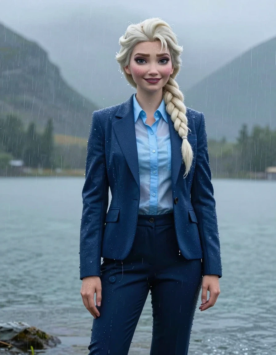 Full body photorealistic shot of Elsa from Disney's Frozen as a young adult European woman with a long layered cut and side-parted hair, standing in a mountain lake during a heavy rainstorm. She is wearing a dark blue business suit jacket over a light blue button-down long-sleeve shirt with a popped-up collar and dark blue business suit trousers. The entire outfit is completely soaked, fully drenched, and heavy with water, with the fabric clinging to her body and the light blue shirt becoming translucent. Her skin is glistening with wetness, and her hair is matted and dripping. She has an open-eyed, subtle smile. The environment features a stormy mountain lake with heavy rain showering down, creating a misty, atmospheric wet look. High-resolution 4k, cinematic lighting, emphasizing the texture of damp fabric, dark soaked garments, clinging silhouettes, and realistic water sheen on skin and clothing.