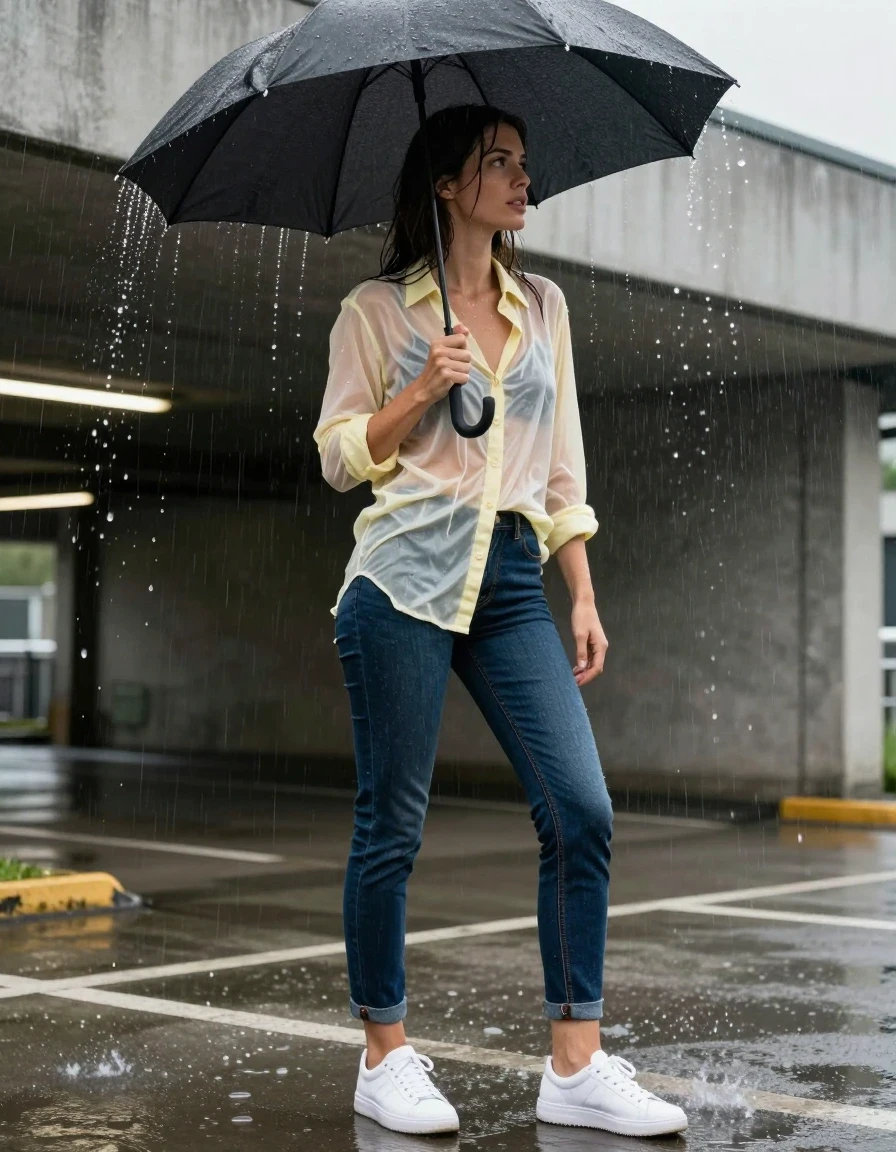 photo of young woman, in soaking wet, drenched clothes,
soaked white leather sneakers with visible water puddles around them, clinging navy blue denim jeans darkened by water saturation, drenched pale yellow cotton button-down shirt clinging to skin, translucent texture, dimly lit concrete parking garage entrance during a heavy rainstorm, 
enjoying, wet clothes stuck to body,
detailed textures of the wet clothes, wet face, wet plastered hair,
wet, drenched, professional, high-quality details, full body view.
sharp focus, ultra-high pixel detail, realistic, high-quality, full colors, incredibly detailed, 4k, 8k, 16k, hyper-realistic, RAW photo, masterpiece, ultra-detailed, professionally color graded, professional photograph, woman shaking out a dripping wet umbrella while looking toward the street, water droplets mid-air, realistic fabric texture, high-detail skin pores, cinematic wide-angle shot, bright natural overcast daylight, sharp focus, 8k resolution, lifestyle photography, wet skin, wet clothes, damp fabric