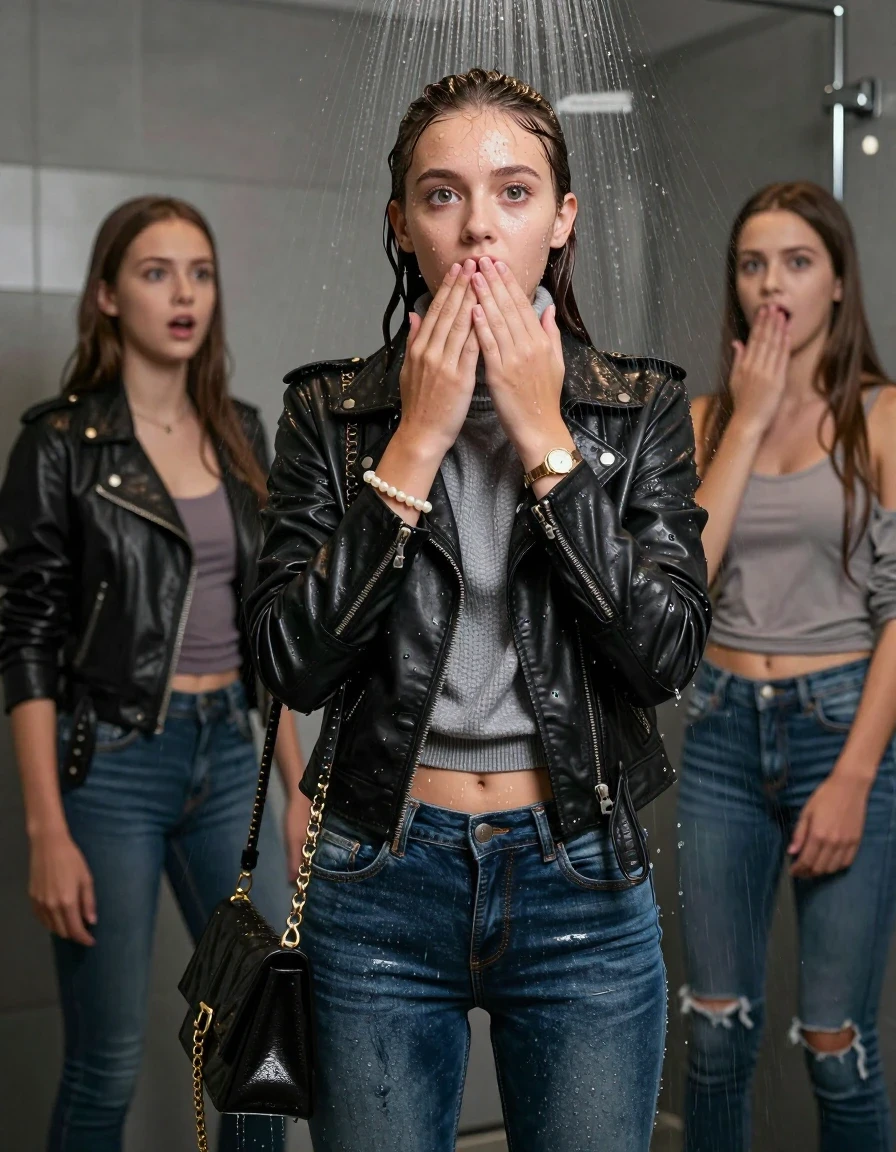 photo of young woman, in soaking wet, drenched clothes,
, Tight Levis skinny jeans, Biker leatherjacket, grey knit turtleneck sweater belly free, handbag, pearl necklace, bracelet, wristwatch, Under the shower, strong jet of water, in modern bathroom, 
enjoying, wet clothes stuck to body,
detailed textures of the wet clothes, wet face, wet plastered hair,
wet, drenched, professional, high-quality details, full body view.
sharp focus, ultra-high pixel detail, realistic, high-quality, full colors, incredibly detailed, 4k, 8k, 16k, hyper-realistic, RAW photo, masterpiece, ultra-detailed, professionally color graded, professional photograph, A realistic vertical fashion photograph of a Young 12-year-old teengirl and her friends. Completely soaked to the Skin.

Brunette Sleek long hair with a topknot. 
Open mouth, big eyes. Looking at camera. One Hold her hands over her mouth. 

The girls wear different clothes.

she is completely underwater up to her neck, shocked and astonished expression. 

her clothing is soaking wet and clinging tightly to her skin, showing heavy wet folds, darkened fabric texture, and deep water-saturated Patches, her clothes are heavy from the water, water runs from her body and her clothes in streams. A lot of water also runs out of her clothes. Her clothes are darkened by the water. Her submerged clothes are good visible under the water.  she soaked her handbag into the water.

close up view, wet skin, wet clothes, wet hair, damp fabric, water runs down the clothes, wet skin, wet clothes, damp fabric. cinematic medium shot, hyper-realistic wetness, high-contrast water sheen, sharp focus, 16k resolution, professional photography, realistic water physics., wet skin, wet clothes, damp fabric, wet skin, wet clothes, damp fabric, wet skin, wet clothes, damp fabric, wet skin, wet clothes, damp fabric, wet skin, wet clothes, damp fabric, wet skin, wet clothes, damp fabric, wet skin, wet clothes, damp fabric, wet skin, wet clothes, damp fabric, wet skin, wet clothes, damp fabric, wet skin, wet clothes, damp fabric, wet skin, wet clothes, damp fabric