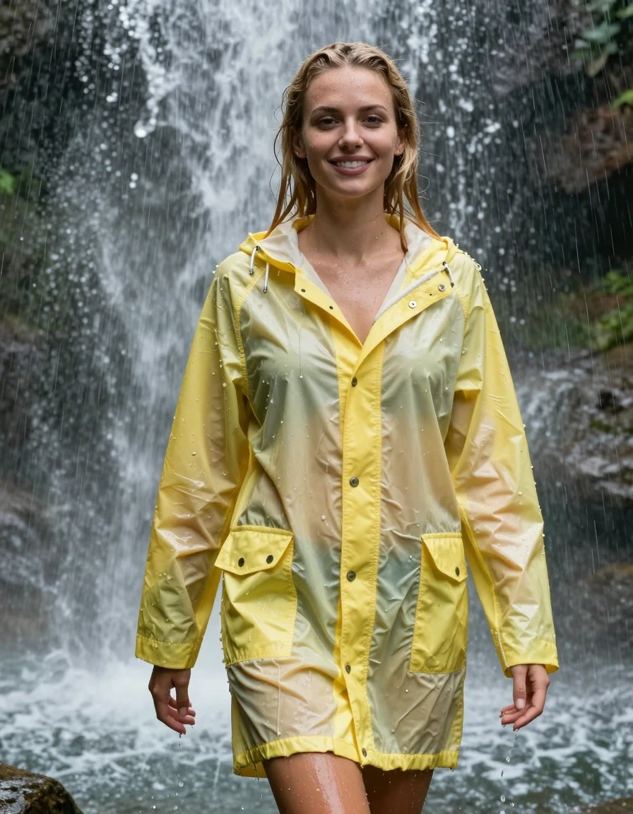 photo of young woman, in soaking wet, drenched clothes,
No underwear , Light yellow raincoat soaking wet,  no bra, Standing in the waterfall in the pouring rain , 
enjoying, wet clothes stuck to body,
detailed textures of the wet clothes, wet face, wet plastered hair,
wet, drenched, professional, high-quality details, full body view.
sharp focus, ultra-high pixel detail, realistic, high-quality, full colors, incredibly detailed, 4k, 8k, 16k, hyper-realistic, RAW photo, masterpiece, ultra-detailed, professionally color graded, professional photograph, photo of young woman, in soaking wet, drenched light yellow rainjacket ,, dripping wet, shiny, completely soaked, , clinging to her  body  with no bra worn, shower on her , deep water, arms to the side, in a waterfall, enjoying, wet clothes stuck to body, detailed textures of the wet clothes, wet face, wet plastered hair, wet, drenched, professional, high-quality details, full body view. sharp focus, ultra-high pixel detail, realistic, high-quality, full colors, incredibly detailed, 4k, 8k, 16k, hyper-realistic, RAW photo, masterpiece, ultra-detailed, professionally color graded, professional photograph, blond, very long hair soaking wet, smiling, looking to the camera, completely soaked, drenched, dripping wet, wet skin, wet hair, wet clothes, damp fabric, wet skin, drenched fabric, wet clothes, wet skin, wet clothes, damp fabric, wet skin, wet clothes, damp fabric, wet skin, wet clothes, drenched fabric, wet skin, wet clothes, damp fabric, wet skin, wet clothes, damp fabric, wet skin, wet clothes, damp fabric, wet skin, wet clothes, damp fabric