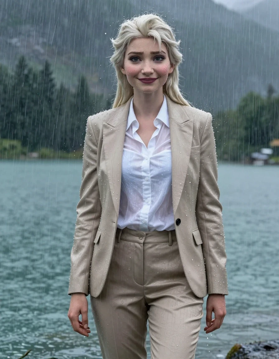 Full body cinematic shot of a young adult European woman resembling Disney's Elsa, with long layered hair in a side part, standing in a deep mountain lake during a heavy rainstorm. She is wearing a white button-down long-sleeve shirt under a beige business suit jacket and matching beige business suit trousers. The subject is completely soaked and drenched, with the white shirt becoming translucent and clinging to her body, highlighting the texture of the damp fabric. The beige suit is heavily saturated, showing deep color shifts, heavy folds, and water-sheen. Her skin is glistening with rain, and her hair is wet and matted. She has a subtle, gentle smile with open eyes. The environment is a moody, stormy mountain lake with torrential rain creating a heavy atmosphere. High-resolution 4k, photorealistic, intricate detail on water droplets, wet skin texture, and heavy fabric weight.