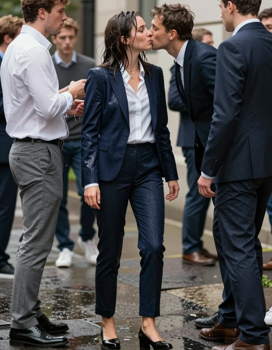 photo of young woman, in soaking wet, drenched clothes,
Shoes, Office trousers, Office shirt and jacket, Student party, 
enjoying, wet clothes stuck to body,
detailed textures of the wet clothes, wet face, wet plastered hair,
wet, drenched, professional, high-quality details, full body view.
sharp focus, ultra-high pixel detail, realistic, high-quality, full colors, incredibly detailed, 4k, 8k, 16k, hyper-realistic, RAW photo, masterpiece, ultra-detailed, professionally color graded, professional photograph, Kissing two men, wet skin, wet clothes, damp fabric