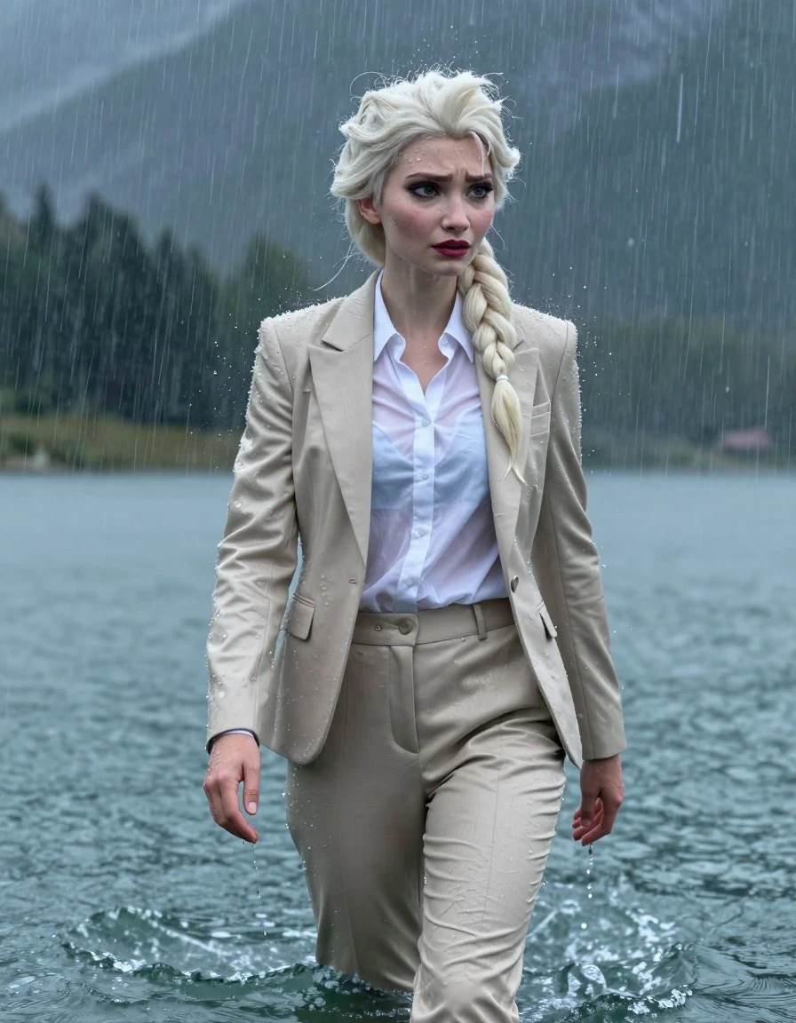 Full body cinematic shot of Disney Elsa from Frozen with her signature long layered cut hair and side parting, standing in deep water at a mountain lake during a torrential rainstorm. She is wearing a beige business suit jacket over a white button-down long-sleeve shirt and matching beige business suit trousers. The entire outfit is completely soaked and fully drenched, with the fabric heavily saturated, clinging to her body, and the white shirt becoming translucent due to the heavy rain. Her skin and hair are visibly wet with a water sheen, featuring realistic damp fabric textures and heavy folds. Elsa has an open-eyed, intense expression as she stands showering under the heavy rain. The lighting is moody and atmospheric, emphasizing the wet skin and the dark, soaked appearance of the business suit. 4k high resolution, photorealistic CGI, extremely detailed wet look.