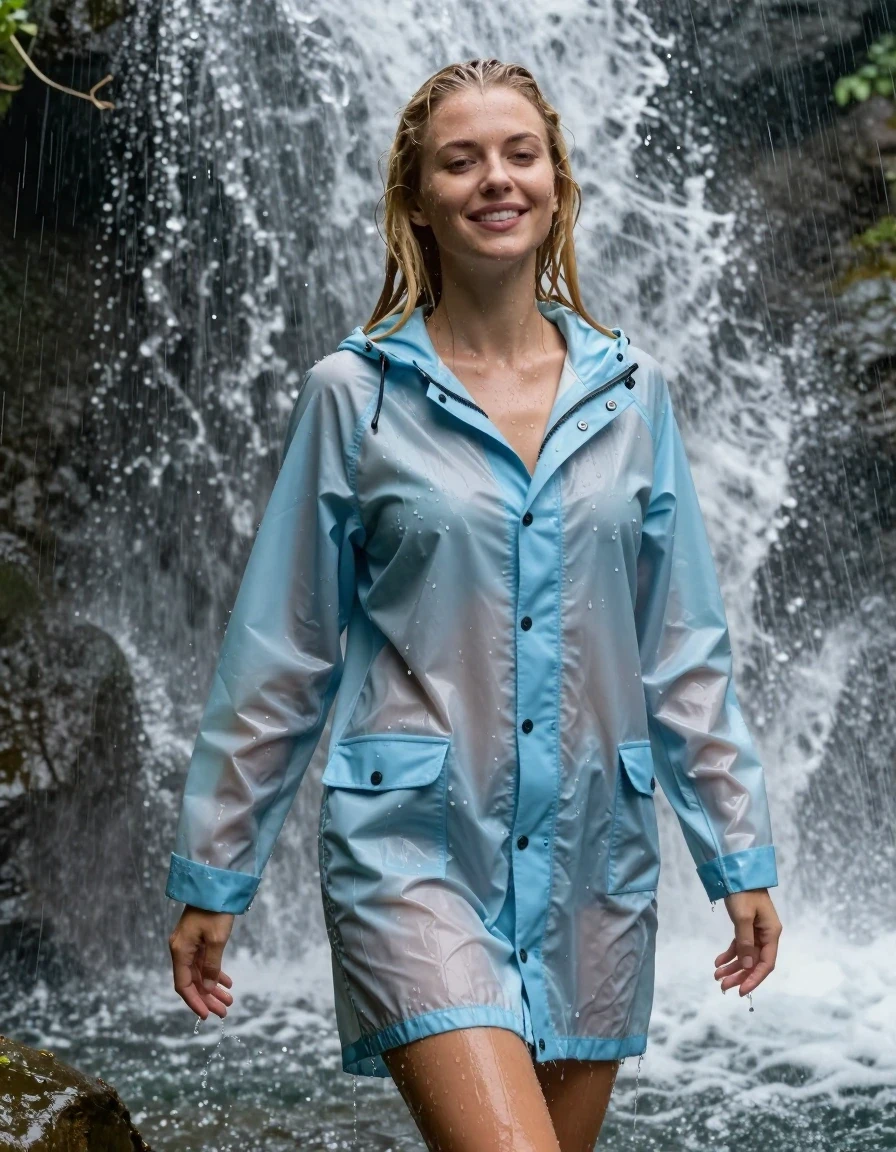 photo of young woman, in soaking wet, drenched clothes,
No underwear , Light blue raincoat soaking wet,  no bra, Standing in the waterfall in the pouring rain , 
enjoying, wet clothes stuck to body,
detailed textures of the wet clothes, wet face, wet plastered hair,
wet, drenched, professional, high-quality details, full body view.
sharp focus, ultra-high pixel detail, realistic, high-quality, full colors, incredibly detailed, 4k, 8k, 16k, hyper-realistic, RAW photo, masterpiece, ultra-detailed, professionally color graded, professional photograph, photo of young woman, in soaking wet, drenched light blue rainjacket ,, dripping wet, shiny, completely soaked, , clinging to her  body  with no bra worn, shower on her , deep water, arms to the side, in a waterfall, enjoying, wet clothes stuck to body, detailed textures of the wet clothes, wet face, wet plastered hair, wet, drenched, professional, high-quality details, full body view. sharp focus, ultra-high pixel detail, realistic, high-quality, full colors, incredibly detailed, 4k, 8k, 16k, hyper-realistic, RAW photo, masterpiece, ultra-detailed, professionally color graded, professional photograph, blond, very long hair soaking wet, smiling, looking to the camera, completely soaked, drenched, dripping wet, wet skin, wet hair, wet clothes, damp fabric, wet skin, drenched fabric, wet clothes, wet skin, wet clothes, damp fabric, wet skin, wet clothes, damp fabric, wet skin, wet clothes, drenched fabric, wet skin, wet clothes, damp fabric, wet skin, wet clothes, damp fabric, wet skin, wet clothes, damp fabric, wet skin, wet clothes, damp fabric