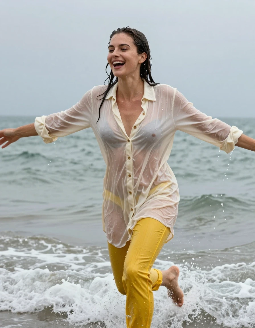 photo of young woman, in soaking wet, drenched clothes,
, yellow jeans, cream white cotton floor-length shirt dress, collar-up, complete buttoned-up, long sleeves, completely soaked, clinging to her body and clearly visible breasts and nipples underneath, with no bra worn, shower on her blouse and head, deep water, arms stretched out horizontally to the side, running in the waves on the beach, 
enjoying, wet clothes stuck to body,
detailed textures of the wet clothes, wet face, wet plastered hair,
wet, drenched, professional, high-quality details, full body view.
sharp focus, ultra-high pixel detail, realistic, high-quality, full colors, incredibly detailed, 4k, 8k, 16k, hyper-realistic, RAW photo, masterpiece, ultra-detailed, professionally color graded, professional photograph, view form the side, laughing, brunette, very long, heavy rain, completely soaked, drenched, dripping wet, wet skin, wet hair, wet clothes, damp fabric, wet skin, damp fabric, wet clothes, wet skin, wet clothes, damp fabric, wet skin, wet clothes, damp fabric, wet skin, wet clothes, damp fabric, wet skin, wet clothes, damp fabric, wet skin, wet clothes, damp fabric