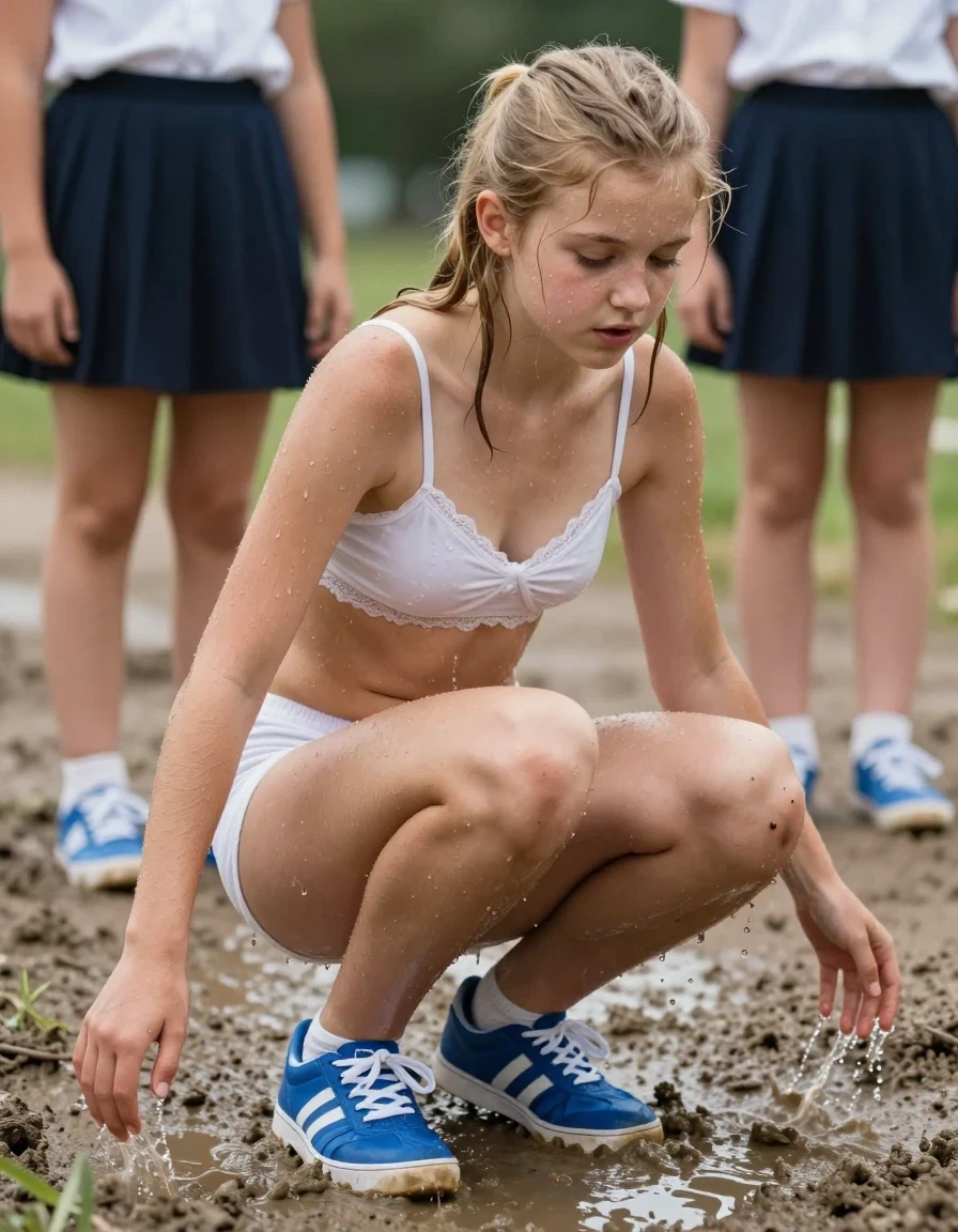 photo of young woman, in soaking wet, drenched clothes,
Blue sneakers, white cotton panties, White cotton and lace bralette, Splashing in mud puddle, 
enjoying, wet clothes stuck to body,
detailed textures of the wet clothes, wet face, wet plastered hair,
wet, drenched, professional, high-quality details, full body view.
sharp focus, ultra-high pixel detail, realistic, high-quality, full colors, incredibly detailed, 4k, 8k, 16k, hyper-realistic, RAW photo, masterpiece, ultra-detailed, professionally color graded, professional photograph, 2 blonde schoolgirls, wet skin, wet clothes, damp fabric