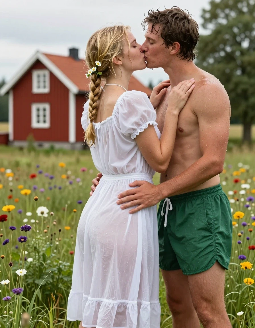 photo of young woman, in soaking wet, drenched clothes,
barfuss, , Leichtes Midi schwedisches Baumwollkleid , Tiefer Teich auf einer grünen Blumenwiese in Schweden, im Hintergrund steht ein rotes Schwedenhaus, 
enjoying, wet clothes stuck to body,
detailed textures of the wet clothes, wet face, wet plastered hair,
wet, drenched, professional, high-quality details, full body view.
sharp focus, ultra-high pixel detail, realistic, high-quality, full colors, incredibly detailed, 4k, 8k, 16k, hyper-realistic, RAW photo, masterpiece, ultra-detailed, professionally color graded, professional photograph, Fotorealistische Rückansicht eines jungen 18-jährigen schwedischen Mädchens, sie ist sehr klein und zierlich, sie trägt eine weiße Halskette, sie hat ihr hüftlanges hellblondes Haar zu 2 Zöpfe gebunden, im Haar trägt sie Blumen, im Gesicht hat sie Sommersprossen, sie trägt ein weißes knielanges Baumwollkleid, das Kleid ist etwas transparent, das Mädchen hat mittelgroße flache Brüste, ihre Brüste werden durch den nassen dünnen Stoff ihres Kleides sichtbar, sie trägt keinen BH, ihr Kleid ist völlig durchnässt und klebt an ihrem Körper, sie umarmt einen jungen Mannes und küsst ihn, der junge Mann trägt eine durchnässte dunkelgrüne Boxershorts und einen freien Oberkörper., er legt beide Hände auf ihren Po., wet skin, wet clothes, damp fabric
