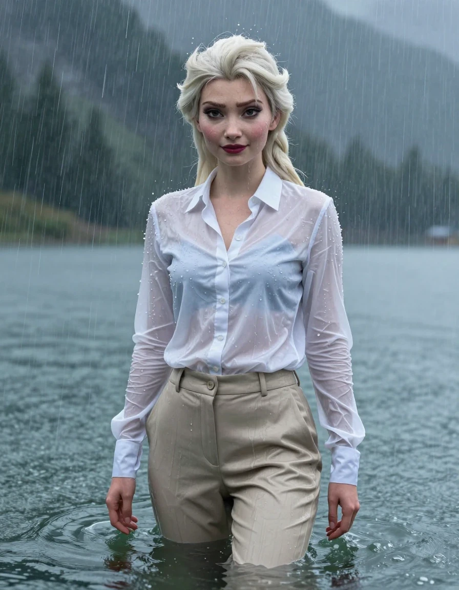 A hyper-realistic full-body shot of Disney's Elsa from Frozen, a young adult European woman with a long layered cut and side-parted hair, standing in a mountain lake during a heavy rainstorm, fully submerged up to her breasts in deep water. She is wearing a white button-down long-sleeve shirt and beige business suit trousers. The clothing is completely soaked, drenched, and clinging to her body, with the white shirt becoming translucent due to the heavy water saturation. Her skin is glistening with a wet sheen, and her hair is wet and slicked by the downpour. She wears a sexy, alluring expression with open eyes, looking directly at the camera. The scene features heavy rain showering over her, creating ripples in the water and a dark, moody atmosphere. The wet fabric exhibits realistic damp texture, heavy folds, and deep color saturation where the water has been absorbed. 4k resolution, cinematic lighting, photorealistic, wet skin, wet clothes, damp fabric clinging to body, storm-swept mountain lake environment.