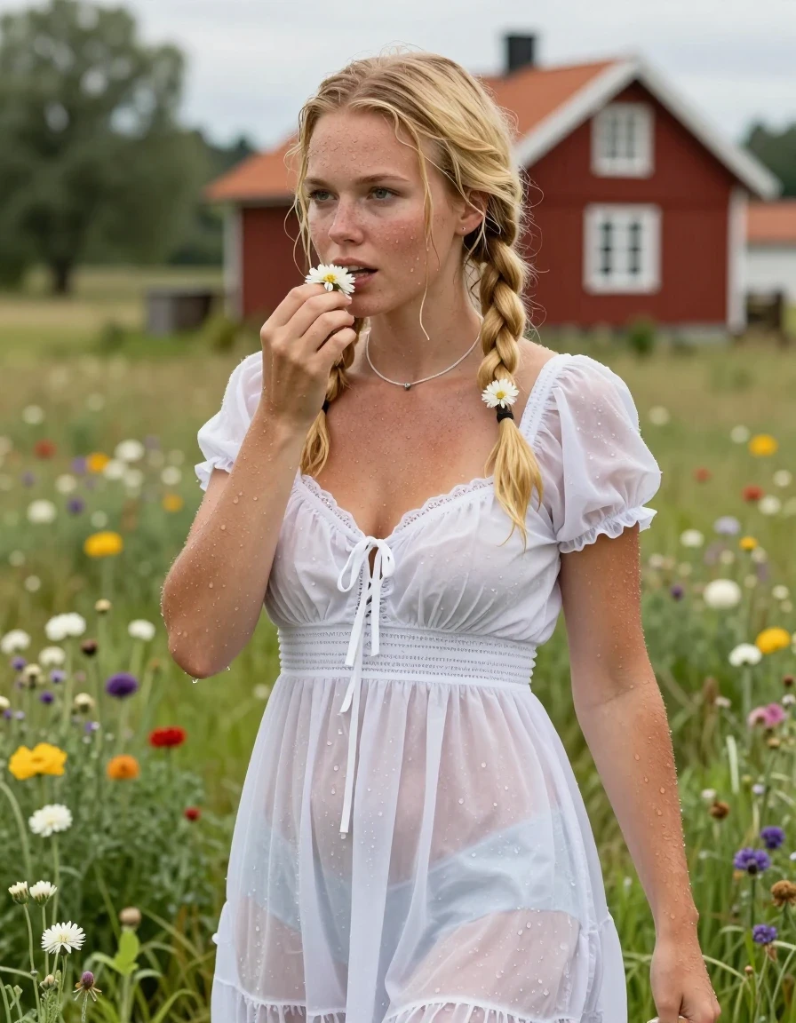 photo of young woman, in soaking wet, drenched clothes,
barfuss, , Leichtes Midi schwedisches Baumwollkleid , Tiefer Teich auf einer grünen Blumenwiese in Schweden, im Hintergrund steht ein rotes Schwedenhaus, 
enjoying, wet clothes stuck to body,
detailed textures of the wet clothes, wet face, wet plastered hair,
wet, drenched, professional, high-quality details, full body view.
sharp focus, ultra-high pixel detail, realistic, high-quality, full colors, incredibly detailed, 4k, 8k, 16k, hyper-realistic, RAW photo, masterpiece, ultra-detailed, professionally color graded, professional photograph, Fotorealistische Vollansicht eines jungen 18-jährigen schwedischen Mädchens, sie ist sehr klein und zierlich, sie trägt eine weiße Halskette, sie hat ihr hüftlanges hellblondes Haar zu 2 Zöpfe gebunden, im Haar trägt sie Blumen, im Gesicht hat sie Sommersprossen, sie trägt ein weißes knielanges Baumwollkleid, das Kleid ist etwas transparent, das Mädchen hat mittelgroße flache Brüste, ihre Brüste werden durch den nassen dünnen Stoff ihres Kleides sichtbar, sie trägt keinen BH, ihr Kleid ist völlig durchnässt und klebt an ihrem Körper,, wet skin, wet clothes, damp fabric, wet skin, wet clothes, damp fabric