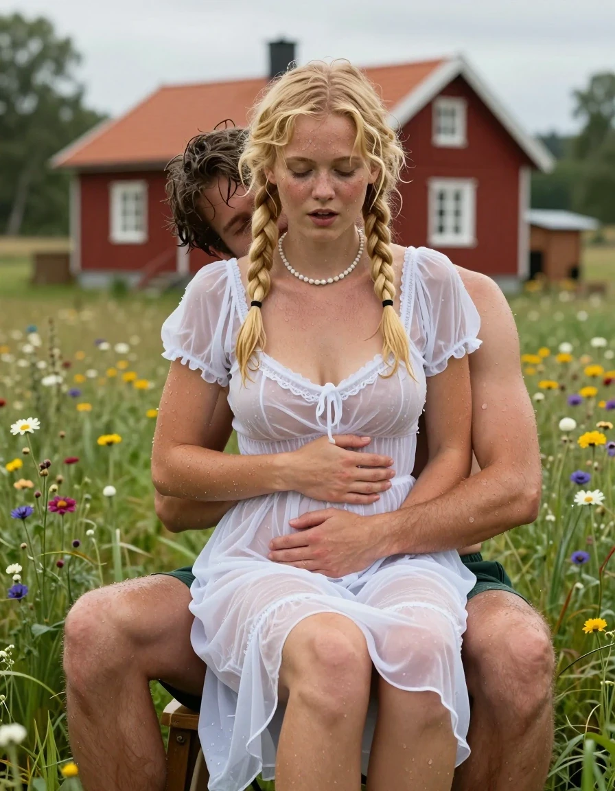 photo of young woman, in soaking wet, drenched clothes,
barfuss, , Leicht transparentes Midi schwedisches Baumwollkleid , grüne Blumenwiese in Schweden, im Hintergrund steht ein rotes Schwedenhaus, 
enjoying, wet clothes stuck to body,
detailed textures of the wet clothes, wet face, wet plastered hair,
wet, drenched, professional, high-quality details, full body view.
sharp focus, ultra-high pixel detail, realistic, high-quality, full colors, incredibly detailed, 4k, 8k, 16k, hyper-realistic, RAW photo, masterpiece, ultra-detailed, professionally color graded, professional photograph, Fotorealistische Halbtototale eines jungen 18-jährigen schwedischen Mädchens, sie ist sehr klein und zierlich, sie trägt eine weiße Halskette, sie hat ihr hüftlanges hellblondes Haar zu 2 Zöpfe gebunden, im Haar trägt sie Blumen, im Gesicht hat sie Sommersprossen, sie trägt ein weißes knielanges Baumwollkleid, das Kleid ist leicht transparent, das Mädchen hat mittelgroße flache Brüste, ihre Brüste werden durch den nassen dünnen Stoff ihres Kleides sichtbar, sie trägt keinen BH, es regnet auf der Blumenwiese auf einer Blumenwiese in strömen, ihr Kleid ist völlig durchnässt und klebt an ihrem Körper, sitzt einem junger Mann auf dem Schoß und legt einen Arm um ihn, der junge Mann trägt eine durchnässte dunkelgrüne Boxershorts und einen freien Oberkörper, sie umarmt ihn eng mit beiden Armen und küsst ihn feucht., wet skin, wet clothes, damp fabric