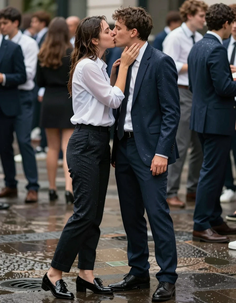 photo of young woman, in soaking wet, drenched clothes,
Shoes, Office trousers, Office shirt and jacket, Student party, 
enjoying, wet clothes stuck to body,
detailed textures of the wet clothes, wet face, wet plastered hair,
wet, drenched, professional, high-quality details, full body view.
sharp focus, ultra-high pixel detail, realistic, high-quality, full colors, incredibly detailed, 4k, 8k, 16k, hyper-realistic, RAW photo, masterpiece, ultra-detailed, professionally color graded, professional photograph, Kissing man, wet skin, wet clothes, damp fabric