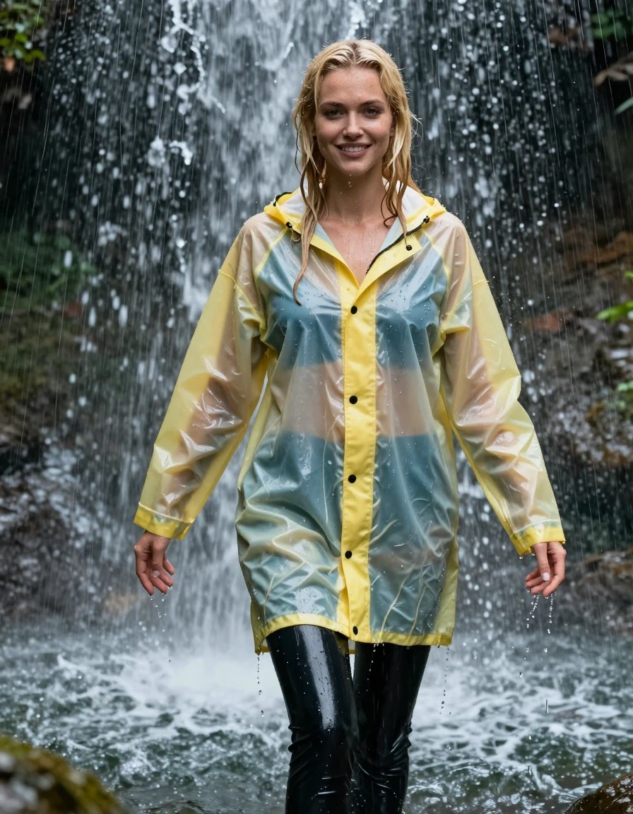 photo of young woman, in soaking wet, drenched clothes,
Black latex shiny leggings ,  Translucent latex yellow raincoat soaking wet , Standing in the waterfall in the pouring rain , 
enjoying, wet clothes stuck to body,
detailed textures of the wet clothes, wet face, wet plastered hair,
wet, drenched, professional, high-quality details, full body view.
sharp focus, ultra-high pixel detail, realistic, high-quality, full colors, incredibly detailed, 4k, 8k, 16k, hyper-realistic, RAW photo, masterpiece, ultra-detailed, professionally color graded, professional photograph, photo of young woman, in soaking wet, drenched light blue rainjacket ,, dripping wet, shiny, completely soaked, , clinging to her body  with no bra worn, shower on her , deep water, arms to the side, in a waterfall, enjoying, wet clothes stuck to body, detailed textures of the wet clothes, wet face, wet plastered hair, wet, drenched, professional, high-quality details, full body view. sharp focus, ultra-high pixel detail, realistic, high-quality, full colors, incredibly detailed, 4k, 8k, 16k, hyper-realistic, RAW photo, masterpiece, ultra-detailed, professionally color graded, professional photograph, blond, very long hair soaking wet, smiling, looking to the camera, completely soaked, drenched, dripping wet, wet skin, wet hair, wet clothes, damp fabric, wet skin, drenched fabric, wet clothes, wet skin, wet clothes, damp fabric, wet skin, wet clothes, damp fabric, wet skin, wet clothes, drenched fabric, wet skin, wet clothes, damp fabric, wet skin, wet clothes, damp fabric, wet skin, wet clothes, damp fabric, wet skin, wet clothes, damp fabric