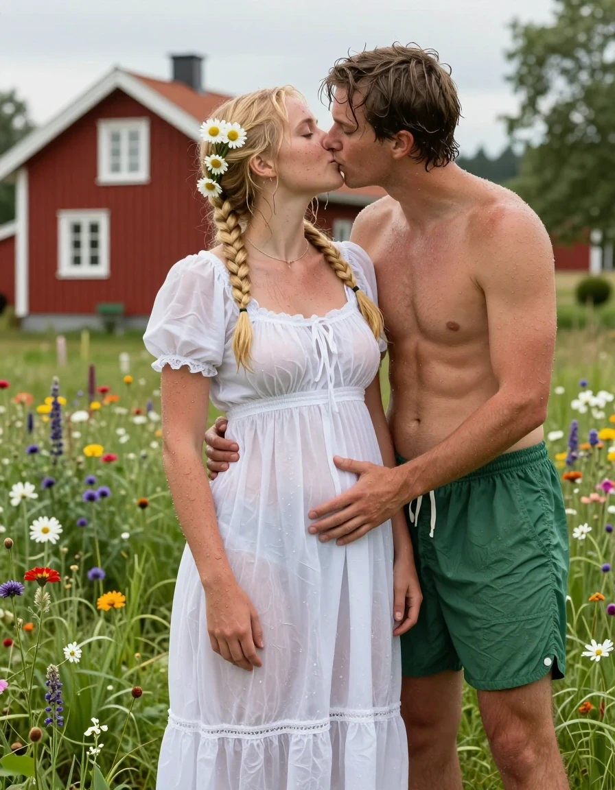 photo of young woman, in soaking wet, drenched clothes,
barfuss, , Leichtes Midi schwedisches Baumwollkleid , Tiefer Teich auf einer grünen Blumenwiese in Schweden, im Hintergrund steht ein rotes Schwedenhaus, 
enjoying, wet clothes stuck to body,
detailed textures of the wet clothes, wet face, wet plastered hair,
wet, drenched, professional, high-quality details, full body view.
sharp focus, ultra-high pixel detail, realistic, high-quality, full colors, incredibly detailed, 4k, 8k, 16k, hyper-realistic, RAW photo, masterpiece, ultra-detailed, professionally color graded, professional photograph, Fotorealistische Vollansicht eines jungen 18-jährigen schwedischen Mädchens, sie ist sehr klein und zierlich, sie trägt eine weiße Halskette, sie hat ihr hüftlanges hellblondes Haar zu 2 Zöpfe gebunden, im Haar trägt sie Blumen, im Gesicht hat sie Sommersprossen, sie trägt ein weißes knielanges Baumwollkleid, das Kleid ist etwas transparent, das Mädchen hat mittelgroße flache Brüste, ihre Brüste werden durch den nassen dünnen Stoff ihres Kleides sichtbar, sie trägt keinen BH, ihr Kleid ist völlig durchnässt und klebt an ihrem Körper, sie umarmt einen jungen Mannes und küsst ihn, der junge Mann trägt eine durchnässte dunkelgrüne Boxershorts und einen freien Oberkörper., er legt beide Hände auf ihren Po., wet skin, wet clothes, damp fabric