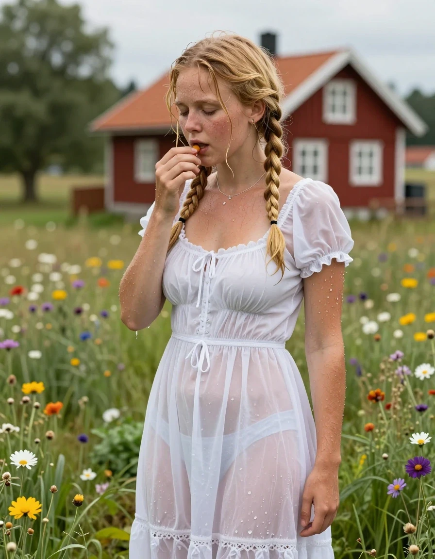 photo of young woman, in soaking wet, drenched clothes,
barfuss, , Leichtes Midi schwedisches Baumwollkleid , Tiefer Teich auf einer grünen Blumenwiese in Schweden, im Hintergrund steht ein rotes Schwedenhaus, 
enjoying, wet clothes stuck to body,
detailed textures of the wet clothes, wet face, wet plastered hair,
wet, drenched, professional, high-quality details, full body view.
sharp focus, ultra-high pixel detail, realistic, high-quality, full colors, incredibly detailed, 4k, 8k, 16k, hyper-realistic, RAW photo, masterpiece, ultra-detailed, professionally color graded, professional photograph, Fotorealistische Vollansicht eines jungen 18-jährigen schwedischen Mädchens, sie ist sehr klein und zierlich, sie trägt eine weiße Halskette, sie hat ihr hüftlanges hellblondes Haar zu 2 Zöpfe gebunden, im Haar trägt sie Blumen, im Gesicht hat sie Sommersprossen, sie trägt ein weißes knielanges Baumwollkleid, das Kleid ist etwas transparent, das Mädchen hat mittelgroße flache Brüste, ihre Brüste werden durch den nassen dünnen Stoff ihres Kleides sichtbar, sie trägt keinen BH, ihr Kleid ist völlig durchnässt und klebt an ihrem Körper,, wet skin, wet clothes, damp fabric, wet skin, wet clothes, damp fabric