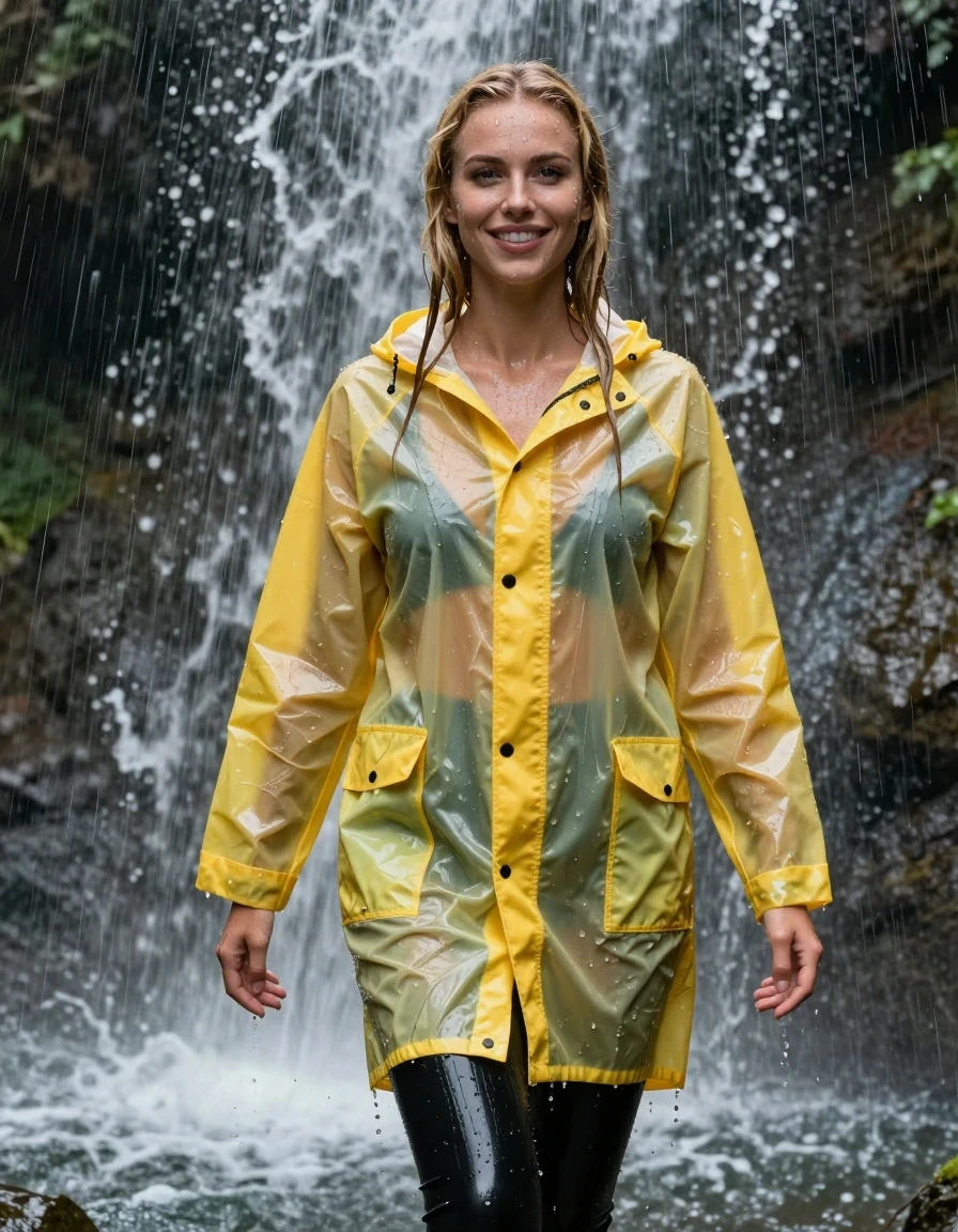 photo of young woman, in soaking wet, drenched clothes,
Black latex shiny leggings ,  Translucent latex yellow raincoat soaking wet , Standing in the waterfall in the pouring rain , 
enjoying, wet clothes stuck to body,
detailed textures of the wet clothes, wet face, wet plastered hair,
wet, drenched, professional, high-quality details, full body view.
sharp focus, ultra-high pixel detail, realistic, high-quality, full colors, incredibly detailed, 4k, 8k, 16k, hyper-realistic, RAW photo, masterpiece, ultra-detailed, professionally color graded, professional photograph, photo of young woman, in soaking wet, drenched yellow rainjacket ,, dripping wet, shiny, completely soaked, , clinging to her body  with no bra worn, shower on her , deep water, arms to the side, in a waterfall, enjoying, wet clothes stuck to body, detailed textures of the wet clothes, wet face, wet plastered hair, wet, drenched, professional, high-quality details, full body view. sharp focus, ultra-high pixel detail, realistic, high-quality, full colors, incredibly detailed, 4k, 8k, 16k, hyper-realistic, RAW photo, masterpiece, ultra-detailed, professionally color graded, professional photograph, blond, very long hair soaking wet, smiling, looking to the camera, completely soaked, drenched, dripping wet, wet skin, wet hair, wet clothes, damp fabric, wet skin, drenched fabric, wet clothes, wet skin, wet clothes, damp fabric, wet skin, wet clothes, damp fabric, wet skin, wet clothes, drenched fabric, wet skin, wet clothes, damp fabric, wet skin, wet clothes, damp fabric, wet skin, wet clothes, damp fabric, wet skin, wet clothes, damp fabric