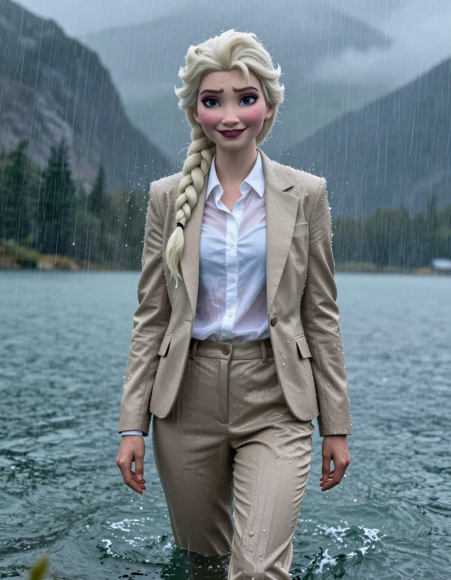 Full body cinematic shot of Disney Elsa from Frozen, young adult European woman with a long layered cut and side-parted hair, standing in a mountain lake during a torrential rain storm. She is wearing a beige business suit jacket over a white button-down long-sleeve shirt and matching beige business suit trousers. The subject is completely soaked and drenched, with the white shirt becoming translucent and clinging to her body, and the beige fabric darkened and heavy with water. Her skin and hair are glistening with water sheen, and her clothes are saturated with moisture, showing realistic damp fabric textures, folds, and clinging to her form. She has a subtle smile and open eyes, looking towards the viewer while standing in deep water. The environment features a dramatic mountain lake backdrop under heavy rain, with rain streaks and atmospheric water spray. High resolution, 4k, photorealistic CGI style, hyper-detailed wet skin and hair, intense wetlook, dramatic lighting, sharp focus.