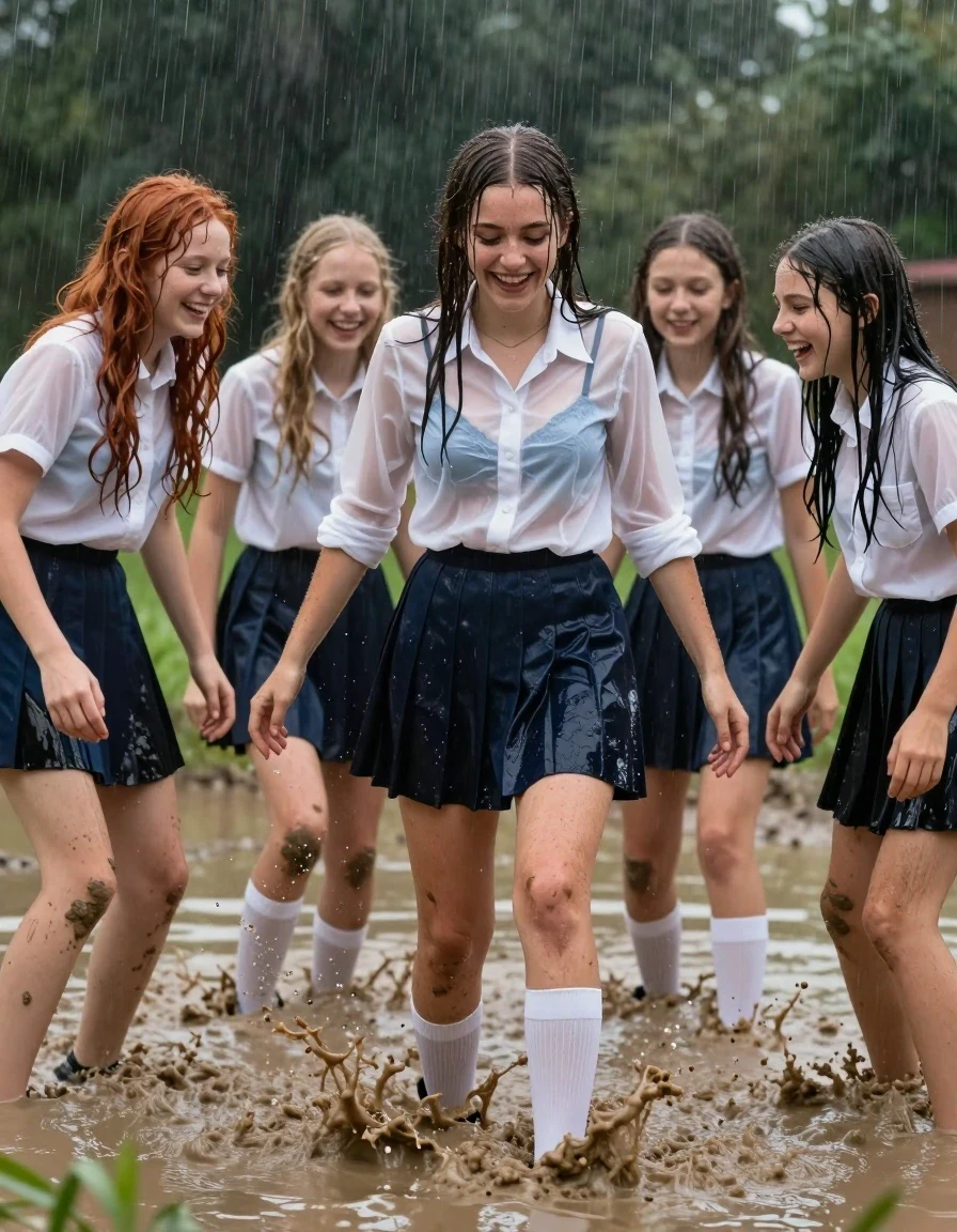 photo of young woman, in soaking wet, drenched clothes,
black dress shoes with wet white knee high socks,  wet short mini skirt pleated navy blue school girl skirt, very white semi transparent white dress blouse unbuttoned to the bra line with a blue lacy bra underneath, a muddy pond in a heavy rain with trees in the background, 
enjoying, wet clothes stuck to body,
detailed textures of the wet clothes, wet face, wet plastered hair,
wet, drenched, professional, high-quality details, full body view.
sharp focus, ultra-high pixel detail, realistic, high-quality, full colors, incredibly detailed, 4k, 8k, 16k, hyper-realistic, RAW photo, masterpiece, ultra-detailed, professionally color graded, professional photograph, four teen 18+ schoolgirls are splashing in the muddy pond up to their knees in water. The are splashing water and mud at each other. They are getting mud on their clothes. One girl has long wet tangled red hair, one girl has long wet tangled blonde hair, one girl had long wet tangled brunette hair and one girl has long wet tangled black hair. The scene is very wet and muddy. They are laughing at each other, wet skin, wet clothes, damp fabric