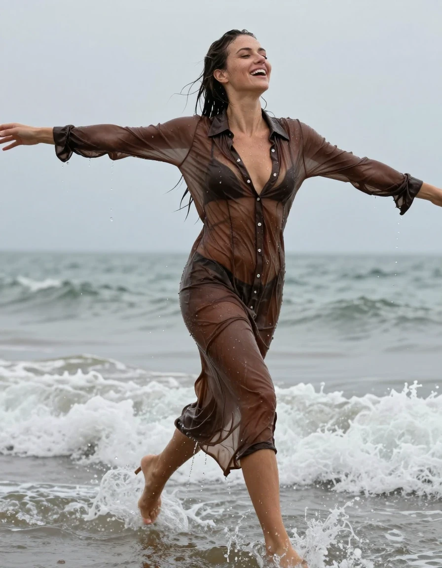 photo of young woman, in soaking wet, drenched clothes,
high-heels, , see-through, transparent, dark brown cotton floor-length shirt dress, collar-up, complete buttoned-up, long sleeves, completely soaked, clinging to her body and clearly visible breasts and nipples underneath, with no bra worn, shower on her blouse and head, deep water, arms stretched out horizontally to the side, running in the waves on the beach, 
enjoying, wet clothes stuck to body,
detailed textures of the wet clothes, wet face, wet plastered hair,
wet, drenched, professional, high-quality details, full body view.
sharp focus, ultra-high pixel detail, realistic, high-quality, full colors, incredibly detailed, 4k, 8k, 16k, hyper-realistic, RAW photo, masterpiece, ultra-detailed, professionally color graded, professional photograph, view form the side, laughing, brunette, very long, heavy rain, completely soaked, drenched, dripping wet, wet skin, wet hair, wet clothes, damp fabric, wet skin, damp fabric, wet clothes, wet skin, wet clothes, damp fabric, wet skin, wet clothes, damp fabric, wet skin, wet clothes, damp fabric, wet skin, wet clothes, damp fabric, wet skin, wet clothes, damp fabric