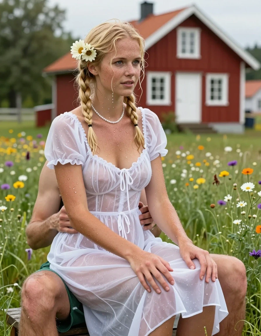 photo of young woman, in soaking wet, drenched clothes,
barfuss, , Leicht transparentes Midi schwedisches Baumwollkleid , grüne Blumenwiese in Schweden, im Hintergrund steht ein rotes Schwedenhaus, 
enjoying, wet clothes stuck to body,
detailed textures of the wet clothes, wet face, wet plastered hair,
wet, drenched, professional, high-quality details, full body view.
sharp focus, ultra-high pixel detail, realistic, high-quality, full colors, incredibly detailed, 4k, 8k, 16k, hyper-realistic, RAW photo, masterpiece, ultra-detailed, professionally color graded, professional photograph, Fotorealistische Halbtototale eines jungen 18-jährigen schwedischen Mädchens, sie ist sehr klein und zierlich, sie trägt eine weiße Halskette, sie hat ihr hüftlanges hellblondes Haar zu 2 Zöpfe gebunden, im Haar trägt sie Blumen, im Gesicht hat sie Sommersprossen, sie trägt ein weißes knielanges Baumwollkleid, das Kleid ist leicht transparent, das Mädchen hat mittelgroße flache Brüste, ihre Brüste werden durch den nassen dünnen Stoff ihres Kleides sichtbar, sie trägt keinen BH, es regnet auf der Blumenwiese auf einer Blumenwiese in strömen, ihr Kleid ist völlig durchnässt und klebt an ihrem Körper, sitzt einem junger Mann auf dem Schoß und legt einen Arm um ihn, der junge Mann trägt eine durchnässte dunkelgrüne Boxershorts und einen freien Oberkörper, sie schaut den jungen Mann mit ihren blauen Augen verliebt an., wet skin, wet clothes, damp fabric
