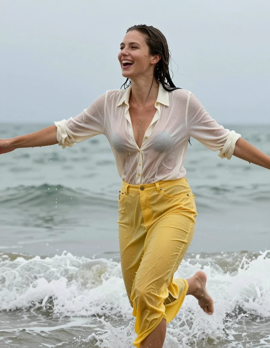 photo of young woman, in soaking wet, drenched clothes,
, yellow long jeans skirt, cream white cotton floor-length shirt dress, collar-up, complete buttoned-up, long sleeves, completely soaked, clinging to her body and clearly visible breasts and nipples underneath, with no bra worn, shower on her blouse and head, deep water, arms stretched out horizontally to the side, running in the waves on the beach, 
enjoying, wet clothes stuck to body,
detailed textures of the wet clothes, wet face, wet plastered hair,
wet, drenched, professional, high-quality details, full body view.
sharp focus, ultra-high pixel detail, realistic, high-quality, full colors, incredibly detailed, 4k, 8k, 16k, hyper-realistic, RAW photo, masterpiece, ultra-detailed, professionally color graded, professional photograph, view form the side, laughing, brunette, very long, heavy rain, completely soaked, drenched, dripping wet, wet skin, wet hair, wet clothes, damp fabric, wet skin, damp fabric, wet clothes, wet skin, wet clothes, damp fabric, wet skin, wet clothes, damp fabric, wet skin, wet clothes, damp fabric, wet skin, wet clothes, damp fabric, wet skin, wet clothes, damp fabric