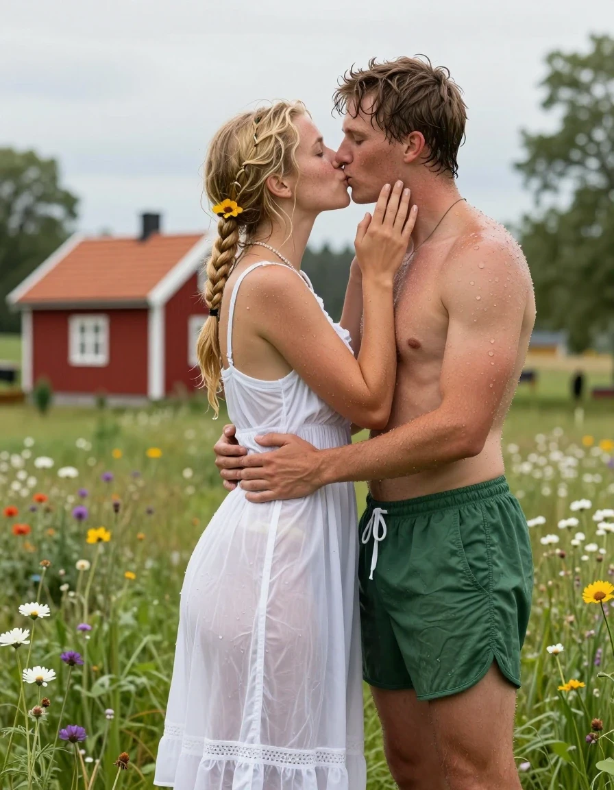 photo of young woman, in soaking wet, drenched clothes,
barfuss, , Leichtes Midi schwedisches Baumwollkleid , Tiefer Teich auf einer grünen Blumenwiese in Schweden, im Hintergrund steht ein rotes Schwedenhaus, 
enjoying, wet clothes stuck to body,
detailed textures of the wet clothes, wet face, wet plastered hair,
wet, drenched, professional, high-quality details, full body view.
sharp focus, ultra-high pixel detail, realistic, high-quality, full colors, incredibly detailed, 4k, 8k, 16k, hyper-realistic, RAW photo, masterpiece, ultra-detailed, professionally color graded, professional photograph, Fotorealistische Vollansicht eines jungen 18-jährigen schwedischen Mädchens, sie ist sehr klein und zierlich, sie trägt eine weiße Halskette, sie hat ihr hüftlanges hellblondes Haar zu 2 Zöpfe gebunden, im Haar trägt sie Blumen, im Gesicht hat sie Sommersprossen, sie trägt ein weißes knielanges Baumwollkleid, das Kleid ist etwas transparent, das Mädchen hat mittelgroße flache Brüste, ihre Brüste werden durch den nassen dünnen Stoff ihres Kleides sichtbar, sie trägt keinen BH, ihr Kleid ist völlig durchnässt und klebt an ihrem Körper, sie umarmt einen jungen Mannes und küsst ihn, der junge Mann trägt eine durchnässte dunkelgrüne Boxershorts und einen freien Oberkörper., wet skin, wet clothes, damp fabric