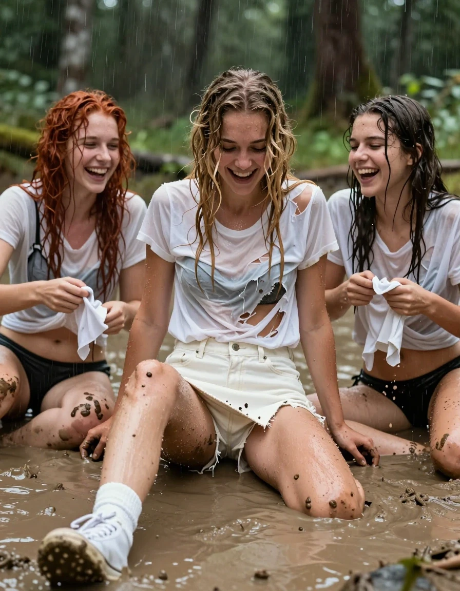 photo of young woman, in soaking wet, drenched clothes,
wet muddy white sneakers with wet muddy white socks, wet and muddy white denim jean skirts, very short with black panties underneath, wet and muddy white tee shirts ripped with black bras underneath, a shallow muddy pond in the woods in the pouring rain, 
enjoying, wet clothes stuck to body,
detailed textures of the wet clothes, wet face, wet plastered hair,
wet, drenched, professional, high-quality details, full body view.
sharp focus, ultra-high pixel detail, realistic, high-quality, full colors, incredibly detailed, 4k, 8k, 16k, hyper-realistic, RAW photo, masterpiece, ultra-detailed, professionally color graded, professional photograph, there are three women playing in the water and the mud, laughing and throwing water and mud at each other and ripping each others clothes. One teen has wet muddy tangled red hair, one teen has wet muddy tangled blonde hair,  one teen had wet muddy tangled brunette hair. All three teens are sitting in the muddy water with  their legs open partially exposing black panties, wet skin, wet clothes, damp fabric