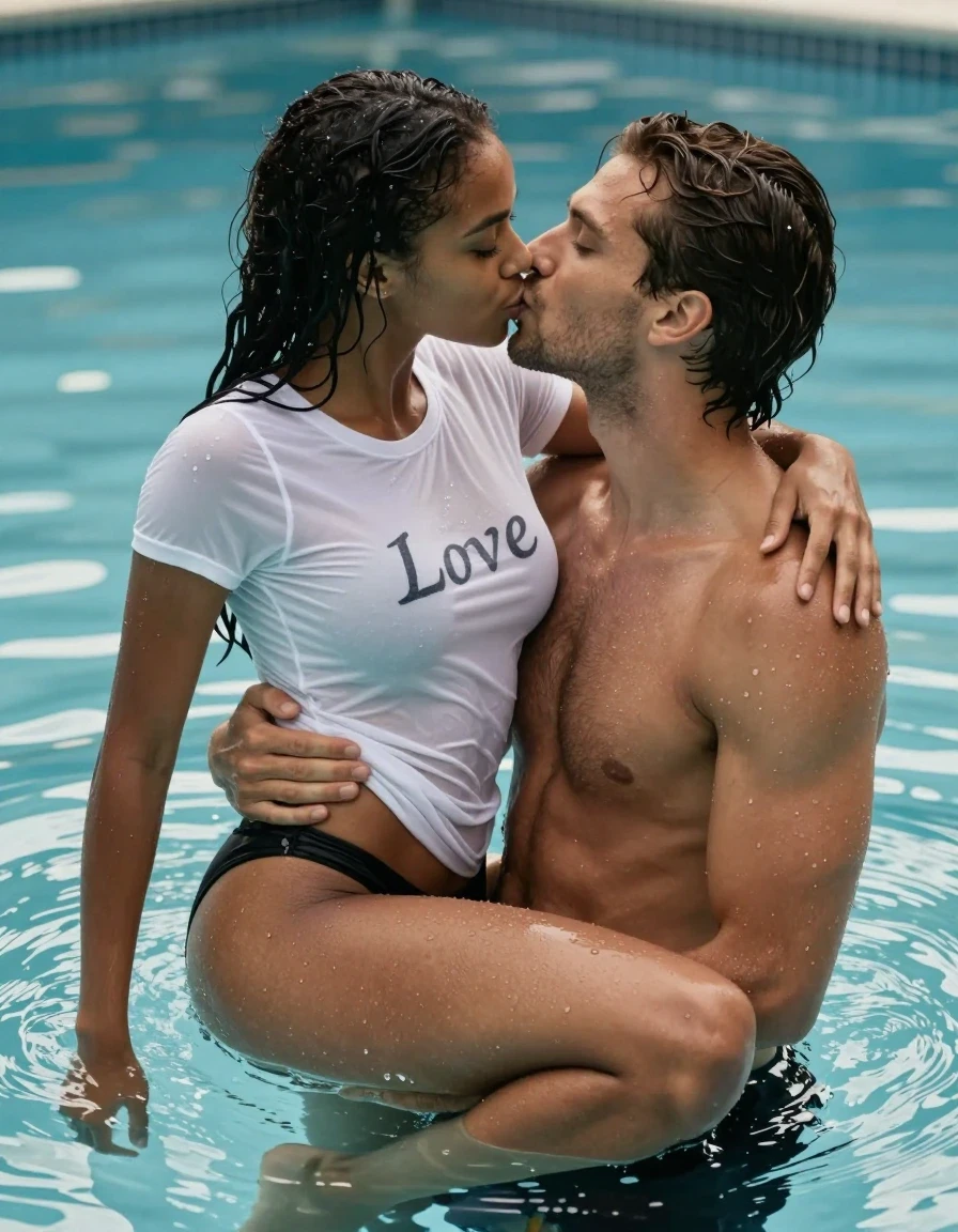 A stunning, photorealistic shot of a young Black woman and a man in a swimming pool, shoulder-deep water. The woman is wearing a tight white wet t-shirt with the text 'Love' on the front, worn braless, making the fabric sheer and clinging to her skin, paired with a black wet old lycra thong. She is barefoot, with her legs wrapped firmly around the man's waist under the water, and her arms are wrapped around his neck. They are kissing passionately. Both individuals are soaking wet with glistening water droplets on their skin and saturated, darkened, dripping hair. The wet white t-shirt shows high transparency and clings to her body, while the black lycra thong has a sleek, high-sheen wetlook finish. The atmosphere is intimate and cinematic, with natural sunlight creating bright specular highlights on the water surface and their wet skin. Professional photography, sharp focus, 8k resolution, realistic skin textures, vibrant water reflections, hyper-detailed wet fabric textures.