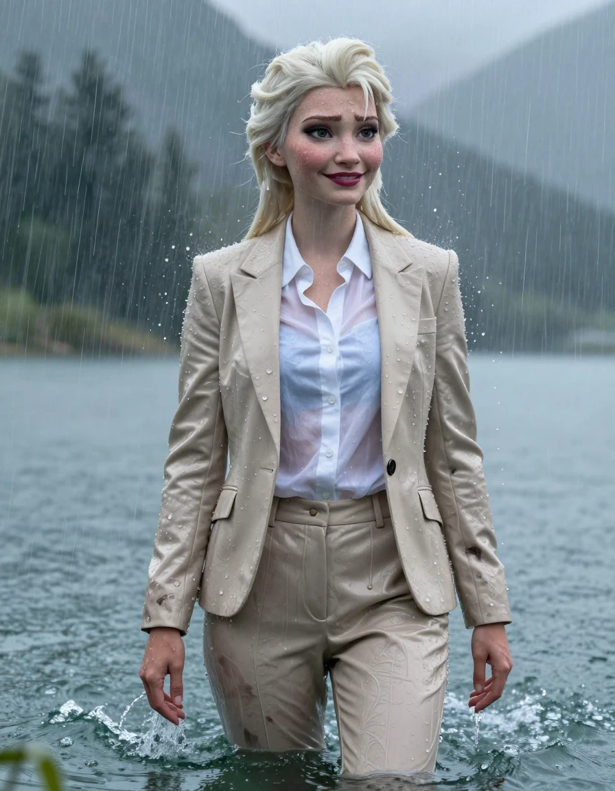 A full-body photorealistic CGI shot of Disney Elsa from Frozen as a young adult European woman with a long layered cut and side-parted hair, standing in deep water at a mountain lake during a heavy rainstorm. She is wearing a white button-down long-sleeve shirt under a beige business suit jacket and matching beige business suit trousers. The entire outfit is completely soaked, fully drenched, and heavy with water, with the fabric clinging tightly to her body and the white shirt becoming translucent due to the intense saturation. Her skin and hair are visibly wet with a realistic water sheen, reflecting the stormy ambient light. She has open eyes and is smiling slightly, looking as if she is showering under the heavy rain. The scene features damp, clinging fabric, dark soaked patches on the beige suit, and realistic wet-look textures. Cinematic lighting, 4k high resolution, detailed skin texture, heavy rain droplets and water splashes, atmospheric storm environment.