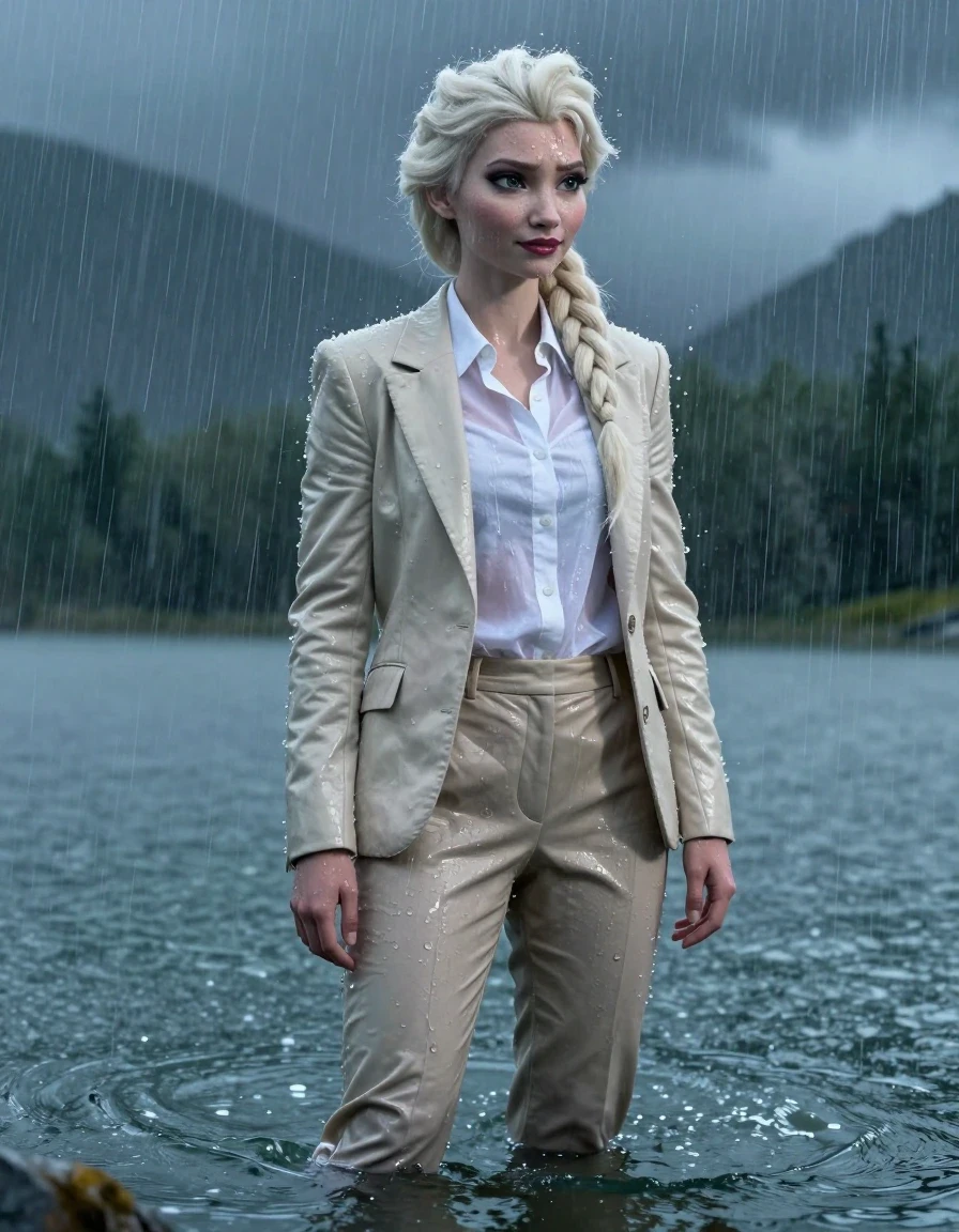 Full body cinematic shot of Disney Elsa from Frozen with her signature long layered side-parted hair, standing in a deep mountain lake during a torrential rainstorm. She is wearing a white button-down long-sleeve shirt under a beige business suit jacket and matching beige business suit trousers. The entire outfit is completely soaked, drenched, and heavy with water, the fabric clinging tightly to her body, with the white shirt becoming translucent and showing wet skin texture underneath. Her clothes exhibit deep, saturated color shifts due to total saturation, with heavy folds and realistic damp fabric textures. Elsa is fully submerged up to her waist in the lake water, eyes open, standing in the heavy rain, her skin gleaming with water sheen and droplets. The atmosphere is dark and stormy, with dramatic lighting highlighting the wet hair and the clinging, heavy clothing. 4k resolution, hyper-realistic, high contrast, detailed wet skin, water-saturated fabric, storm environment, photorealistic, intricate textures.