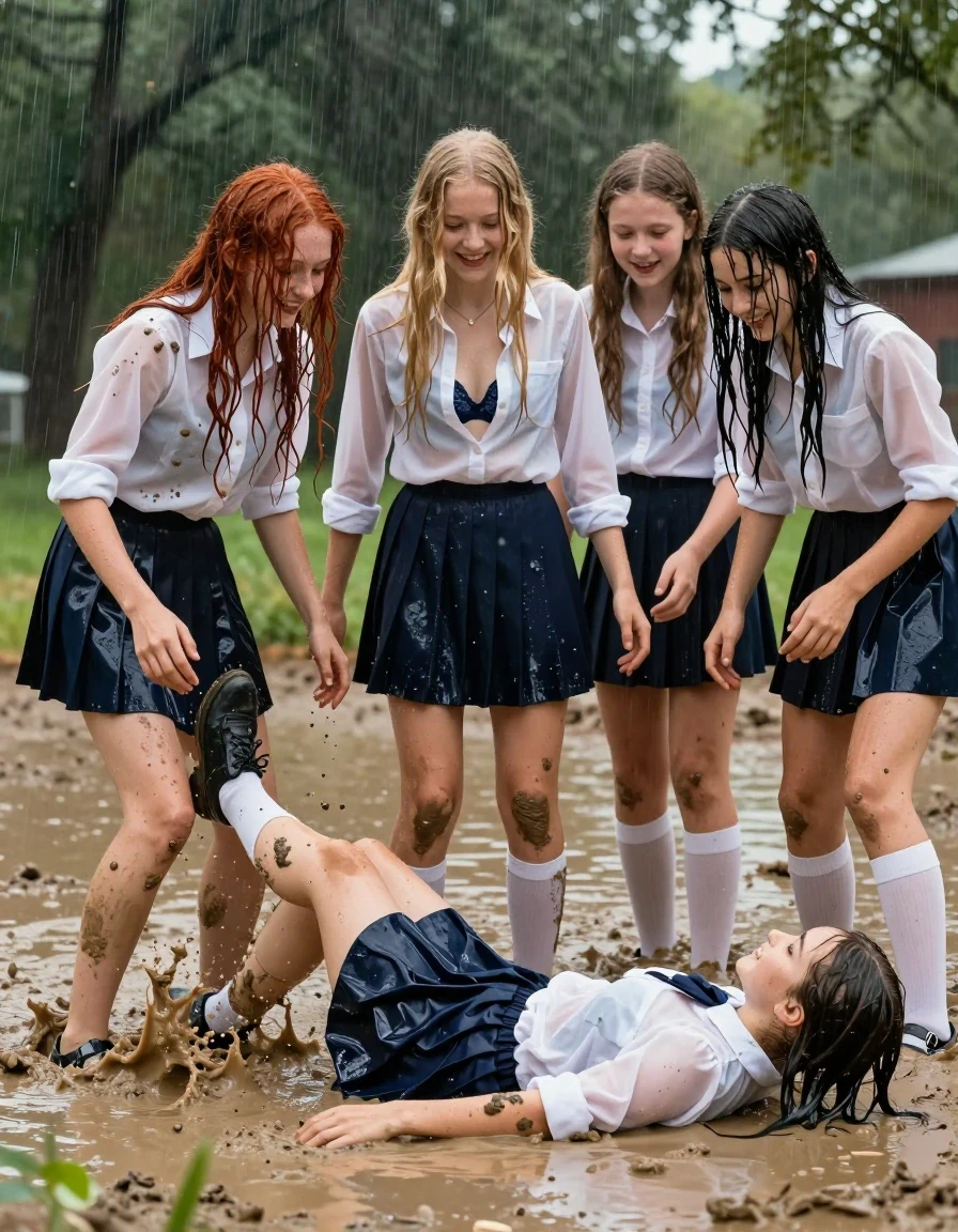 photo of young woman, in soaking wet, drenched clothes,
black dress shoes with wet white knee high socks,  wet short mini skirt pleated navy blue school girl skirt, very white semi transparent white dress blouse unbuttoned to the bra line with a blue lacy bra underneath, a muddy pond in a heavy rain with trees in the background, 
enjoying, wet clothes stuck to body,
detailed textures of the wet clothes, wet face, wet plastered hair,
wet, drenched, professional, high-quality details, full body view.
sharp focus, ultra-high pixel detail, realistic, high-quality, full colors, incredibly detailed, 4k, 8k, 16k, hyper-realistic, RAW photo, masterpiece, ultra-detailed, professionally color graded, professional photograph, four 20 year old schoolgirls are splashing in the muddy pond up to their knees in water. The are splashing water and mud at each other. They are getting mud on their clothes. One girl has long wet tangled red hair, one girl has long wet tangled blonde hair, one girl had long wet tangled brunette hair and one girl has long wet tangled black hair. The scene is very wet and muddy. They are laughing at each other throwing mud at each other. two of the teens have been pushed down into the mud and one is lying down on her back into the mud and very wet and muddy, wet skin, wet clothes, damp fabric