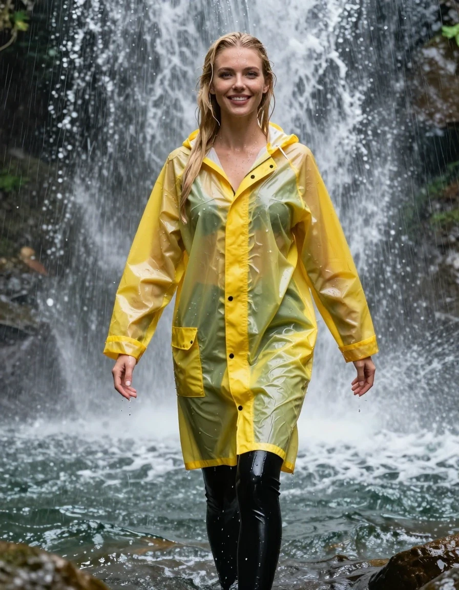 photo of young woman, in soaking wet, drenched clothes,
Black latex shiny leggings ,  Translucent latex yellow raincoat soaking wet , Standing in the waterfall in the pouring rain , 
enjoying, wet clothes stuck to body,
detailed textures of the wet clothes, wet face, wet plastered hair,
wet, drenched, professional, high-quality details, full body view.
sharp focus, ultra-high pixel detail, realistic, high-quality, full colors, incredibly detailed, 4k, 8k, 16k, hyper-realistic, RAW photo, masterpiece, ultra-detailed, professionally color graded, professional photograph, photo of young woman, in soaking wet, drenched yellow rainjacket ,, dripping wet, shiny, completely soaked, , clinging to her body  with no bra worn, shower on her , deep water, arms to the side, in a waterfall, enjoying, wet clothes stuck to body, detailed textures of the wet clothes, wet face, wet plastered hair, wet, drenched, professional, high-quality details, full body view. sharp focus, ultra-high pixel detail, realistic, high-quality, full colors, incredibly detailed, 4k, 8k, 16k, hyper-realistic, RAW photo, masterpiece, ultra-detailed, professionally color graded, professional photograph, blond, very long hair soaking wet, smiling, looking to the camera, completely soaked, drenched, dripping wet, wet skin, wet hair, wet clothes, damp fabric, wet skin, drenched fabric, wet clothes, wet skin, wet clothes, damp fabric, wet skin, wet clothes, damp fabric, wet skin, wet clothes, drenched fabric, wet skin, wet clothes, damp fabric, wet skin, wet clothes, damp fabric, wet skin, wet clothes, damp fabric, wet skin, wet clothes, damp fabric