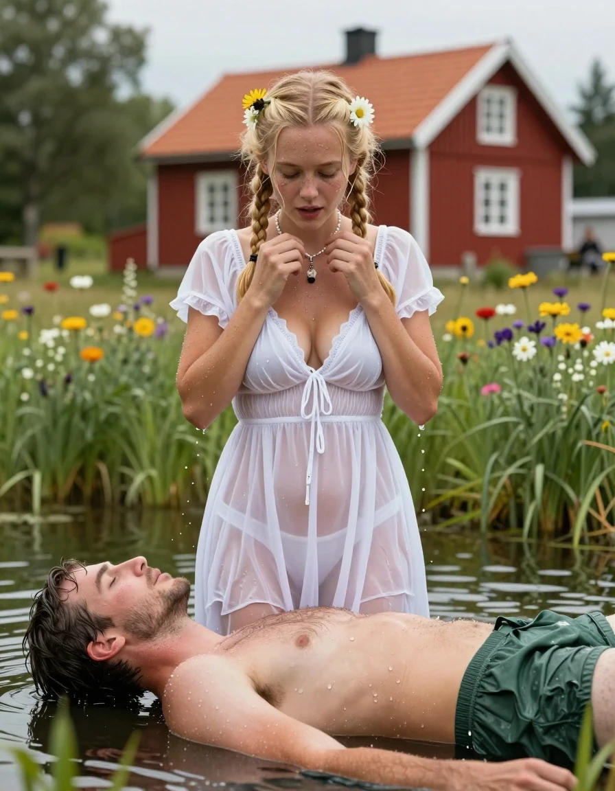 photo of young woman, in soaking wet, drenched clothes,
barfuss, , Leichtes Midi schwedisches Baumwollkleid , Tiefer Teich auf einer grünen Blumenwiese in Schweden, im Hintergrund steht ein rotes Schwedenhaus, 
enjoying, wet clothes stuck to body,
detailed textures of the wet clothes, wet face, wet plastered hair,
wet, drenched, professional, high-quality details, full body view.
sharp focus, ultra-high pixel detail, realistic, high-quality, full colors, incredibly detailed, 4k, 8k, 16k, hyper-realistic, RAW photo, masterpiece, ultra-detailed, professionally color graded, professional photograph, Fotorealistische Vollansicht eines jungen 18-jährigen schwedischen Mädchens, sie ist sehr klein und zierlich, sie trägt eine weiße Halskette, sie hat ihr hüftlanges hellblondes Haar zu 2 Zöpfe gebunden, im Haar trägt sie Blumen, im Gesicht hat sie Sommersprossen, sie trägt ein weißes knielanges Baumwollkleid, das Kleid ist etwas transparent, das Mädchen hat mittelgroße flache Brüste, ihre Brüste werden durch den nassen dünnen Stoff ihres Kleides sichtbar, sie trägt keinen BH, ihr Kleid ist völlig durchnässt und klebt an ihrem Körper, ein junger Mann in einem Teich liegt auf ihr und beide sind völlig durchnässt, der junge Mann trägt eine durchnässte dunkelgrüne Boxershorts und einen freien Oberkörper, sie küssen sich gegenseitig., wet skin, wet clothes, damp fabric