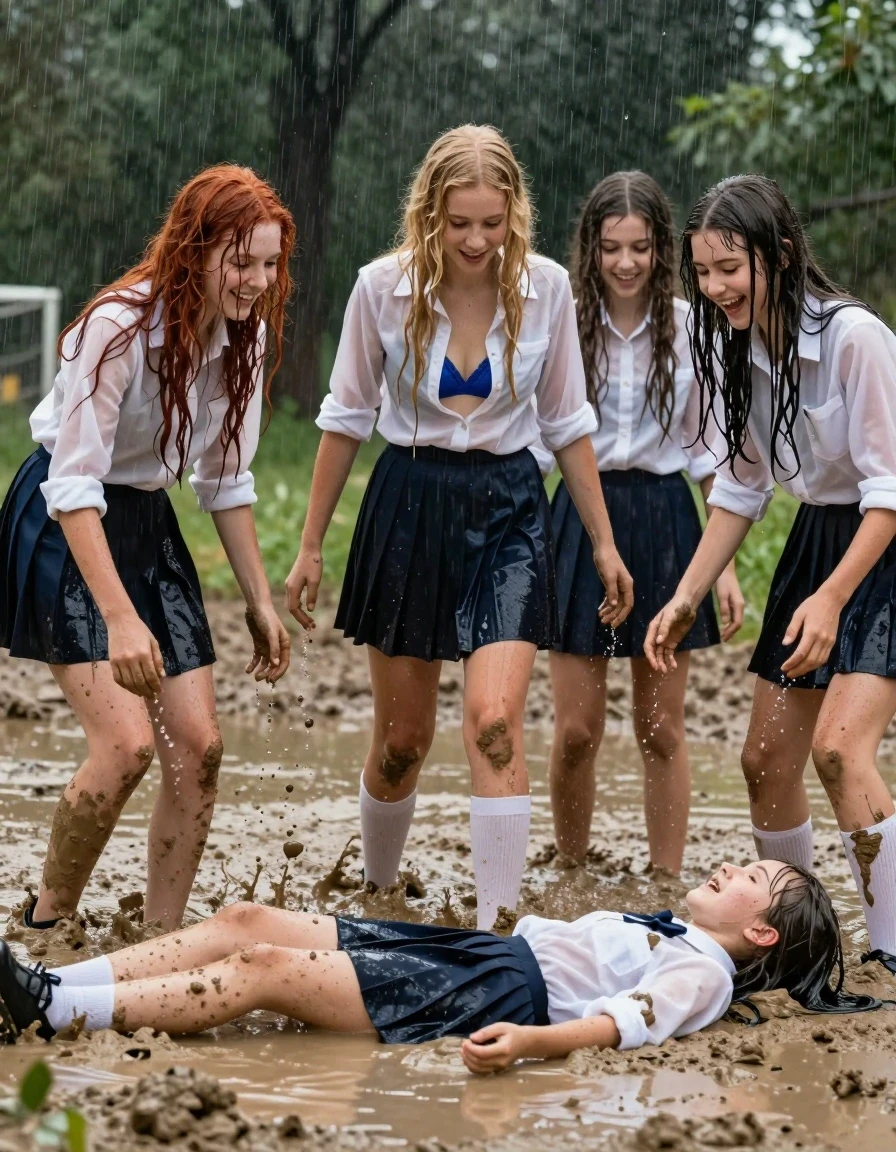 photo of young woman, in soaking wet, drenched clothes,
black dress shoes with wet white knee high socks,  wet short mini skirt pleated navy blue school girl skirt, very white semi transparent white dress blouse unbuttoned to the bra line with a blue lacy bra underneath, a muddy pond in a heavy rain with trees in the background, 
enjoying, wet clothes stuck to body,
detailed textures of the wet clothes, wet face, wet plastered hair,
wet, drenched, professional, high-quality details, full body view.
sharp focus, ultra-high pixel detail, realistic, high-quality, full colors, incredibly detailed, 4k, 8k, 16k, hyper-realistic, RAW photo, masterpiece, ultra-detailed, professionally color graded, professional photograph, four 20 year old schoolgirls are splashing in the muddy pond up to their knees in water. The are splashing water and mud at each other. They are getting mud on their clothes. One girl has long wet tangled red hair, one girl has long wet tangled blonde hair, one girl had long wet tangled brunette hair and one girl has long wet tangled black hair. The scene is very wet and muddy. They are laughing at each other throwing mud at each other. two of the teens have been pushed down into the mud and one is lying down on her back into the mud and very wet and muddy, make the teens older, young woman, wet skin, wet clothes, damp fabric