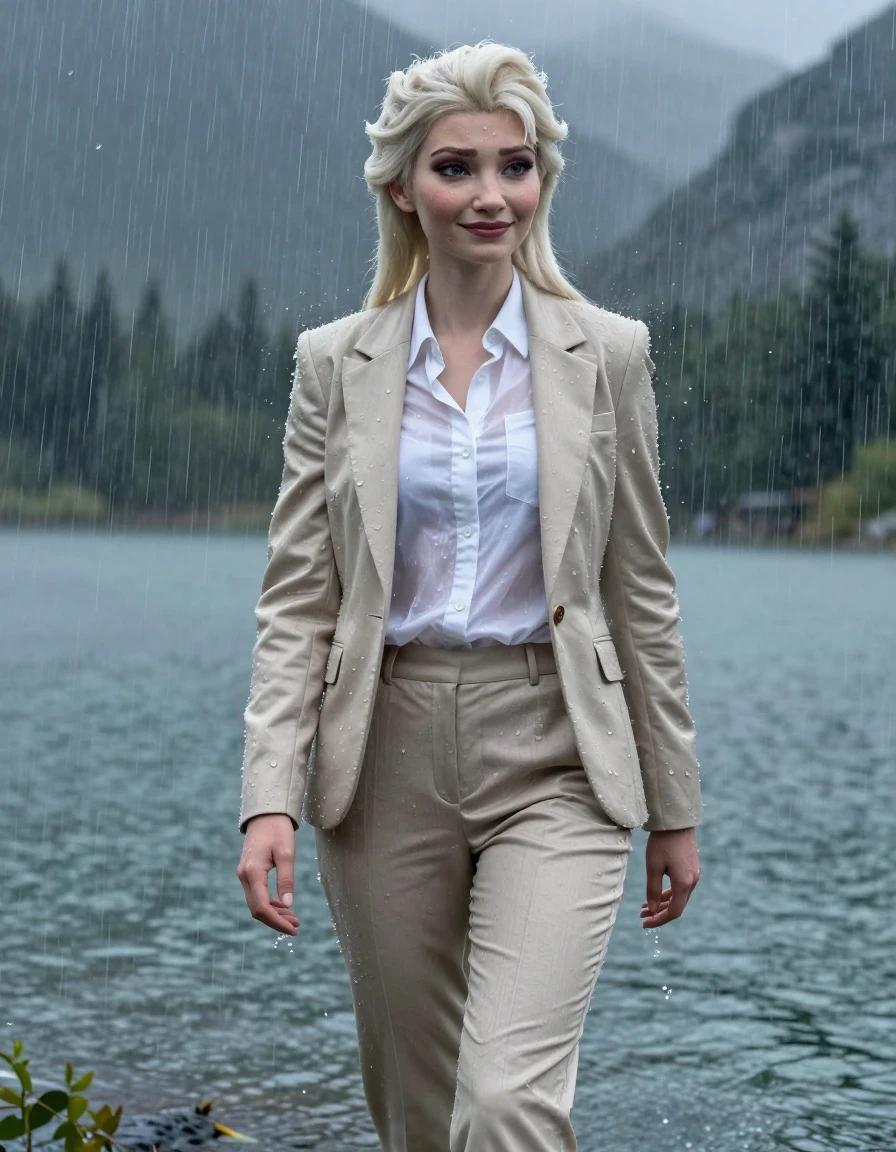 Full body cinematic shot of Disney Elsa from Frozen as a young adult European woman with a long layered cut and side-parted hair, standing in a deep mountain lake during a heavy rainstorm. She is wearing a white button-down long-sleeve shirt under a beige business suit jacket and matching beige business suit trousers. Her entire outfit is completely soaked, fully drenched, and heavy with water, with the wet fabric clinging tightly to her body and the white shirt becoming translucent against her skin. The clothing shows deep color saturation, heavy wet folds, and damp fabric texture. Elsa has a subtle smile, open eyes, and visible wet skin with water sheen. The environment features a stormy mountain lake, intense heavy rain falling, and dramatic lighting reflecting off her wet skin and saturated clothing. 4k high resolution, hyper-realistic, photorealistic, wetlook, wet hair, atmospheric rain, sharp focus on subject.