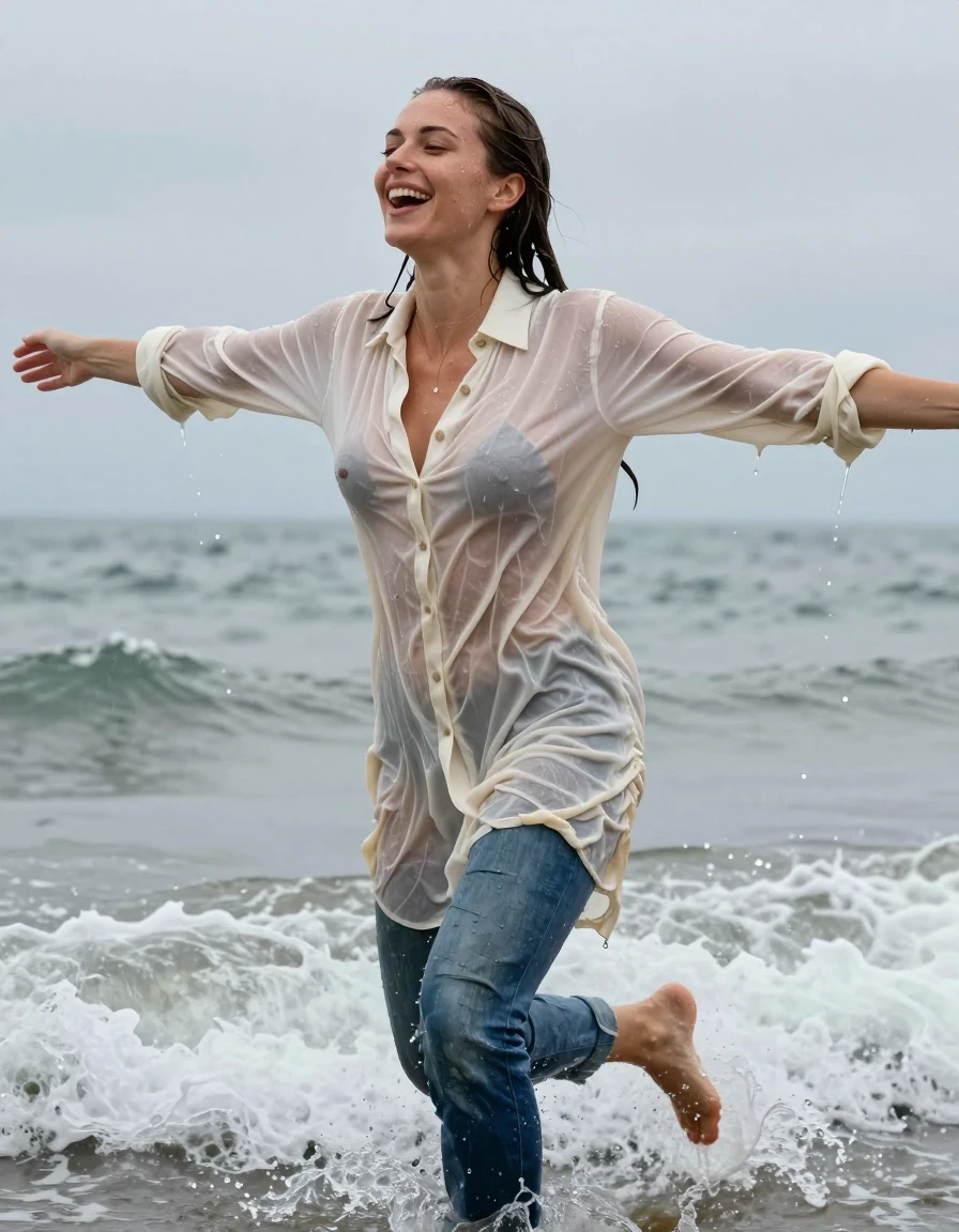 photo of young woman, in soaking wet, drenched clothes,
, blue jeans, cream white cotton floor-length shirt dress, collar-up, complete buttoned-up, long sleeves, completely soaked, clinging to her body and clearly revealing her breasts and nipples underneath, with no bra worn, shower on her blouse and head, deep water, arms stretched out horizontally to the side, running in the waves on the beach, 
enjoying, wet clothes stuck to body,
detailed textures of the wet clothes, wet face, wet plastered hair,
wet, drenched, professional, high-quality details, full body view.
sharp focus, ultra-high pixel detail, realistic, high-quality, full colors, incredibly detailed, 4k, 8k, 16k, hyper-realistic, RAW photo, masterpiece, ultra-detailed, professionally color graded, professional photograph, view form the side, laughing, brunette, very long, heavy rain, completely soaked, drenched, dripping wet, wet skin, wet hair, wet clothes, damp fabric, wet skin, damp fabric, wet clothes, wet skin, wet clothes, damp fabric, wet skin, wet clothes, damp fabric, wet skin, wet clothes, damp fabric, wet skin, wet clothes, damp fabric, wet skin, wet clothes, damp fabric