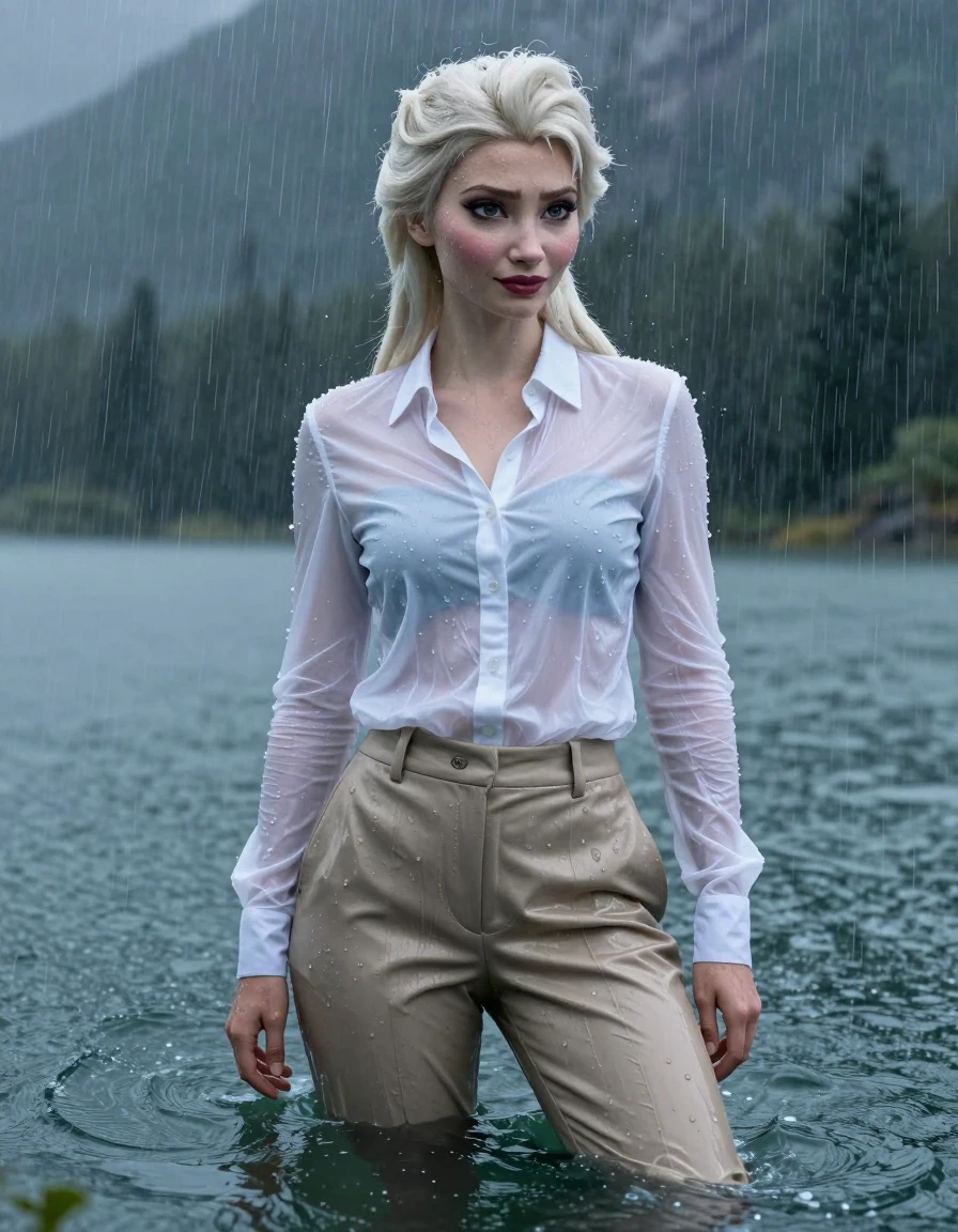 A photorealistic, full-body portrait of Disney Elsa from Frozen, appearing as a young adult European woman with a long layered cut and side-parted hair, standing in a mountain lake with heavy rain. She is fully submerged up to her breasts in deep, turbulent water. She wears a white button-down long-sleeve shirt and beige business suit trousers, both items completely soaked, drenched, and heavy with water. The white shirt is clinging to her skin, becoming translucent and revealing the texture of her skin beneath, while the beige trousers are water-saturated, showing heavy wet folds, darkened fabric, and glossy specular reflections from the rain. Elsa has a sexy expression with open eyes, her skin and hair glistening with heavy wetness and water sheen. The scene is a dramatic rainstorm with visible rain streaks, dark, moody lighting, and high-contrast water reflections. 4k resolution, cinematic, hyper-detailed wet fabric texture, damp clinging clothing, realistic skin pores and water droplets.