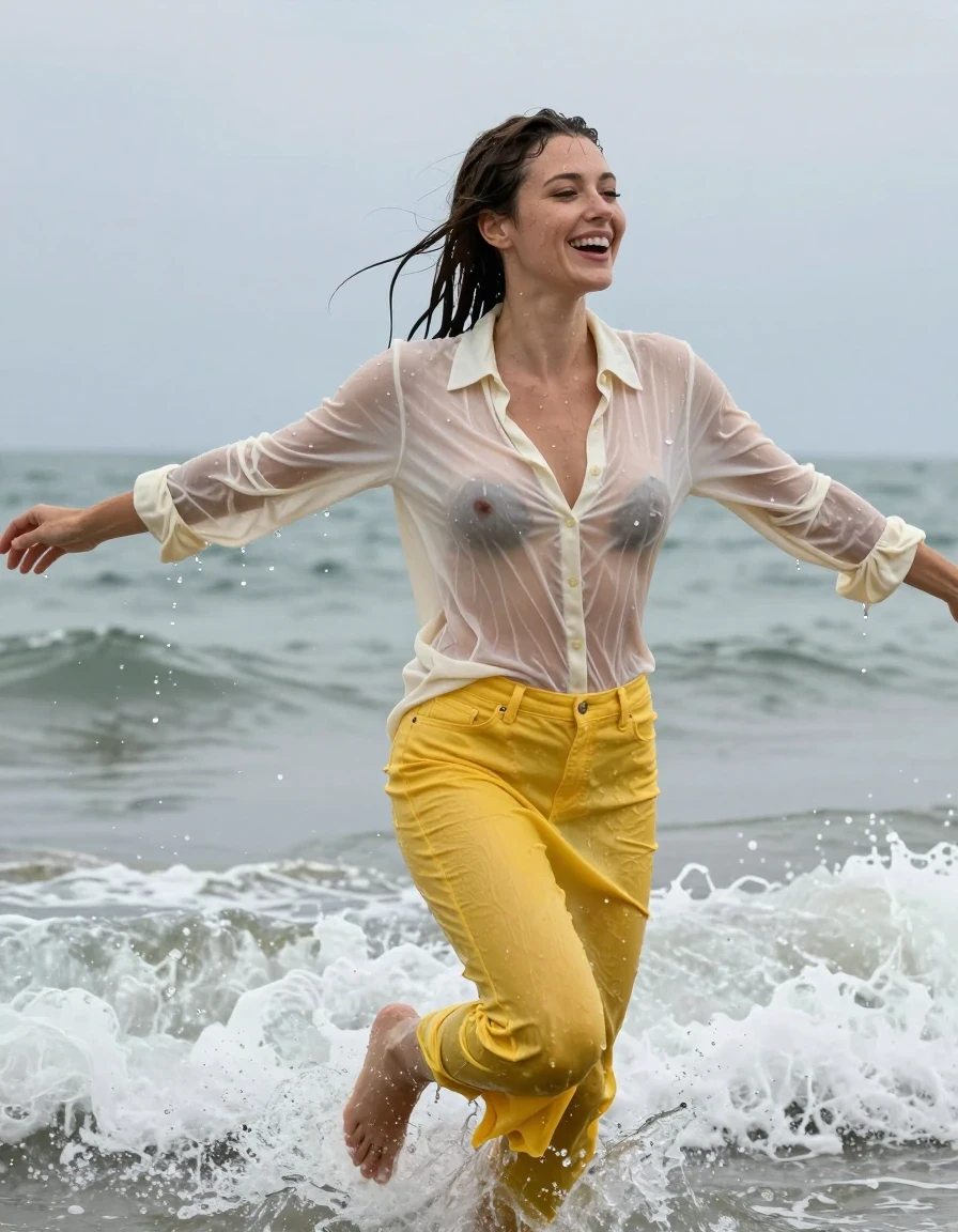 photo of young woman, in soaking wet, drenched clothes,
, yellow long jeans skirt, see-through cream white cotton floor-length shirt dress, collar-up, complete buttoned-up, long sleeves, completely soaked, clinging to her body and clearly visible breasts and nipples underneath, with no bra worn, shower on her blouse and head, deep water, arms stretched out horizontally to the side, running in the waves on the beach, 
enjoying, wet clothes stuck to body,
detailed textures of the wet clothes, wet face, wet plastered hair,
wet, drenched, professional, high-quality details, full body view.
sharp focus, ultra-high pixel detail, realistic, high-quality, full colors, incredibly detailed, 4k, 8k, 16k, hyper-realistic, RAW photo, masterpiece, ultra-detailed, professionally color graded, professional photograph, view form the side, laughing, brunette, very long, heavy rain, completely soaked, drenched, dripping wet, wet skin, wet hair, wet clothes, damp fabric, wet skin, damp fabric, wet clothes, wet skin, wet clothes, damp fabric, wet skin, wet clothes, damp fabric, wet skin, wet clothes, damp fabric, wet skin, wet clothes, damp fabric, wet skin, wet clothes, damp fabric