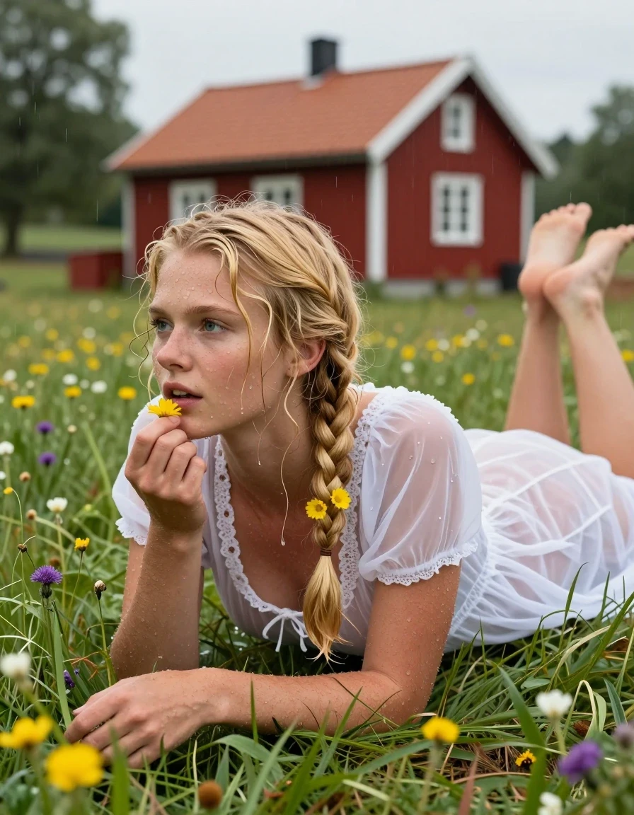 photo of young woman, in soaking wet, drenched clothes,
barfuss, , Leicht transparentes Midi schwedisches Baumwollkleid , grüne Blumenwiese in Schweden, im Hintergrund steht ein rotes Schwedenhaus, 
enjoying, wet clothes stuck to body,
detailed textures of the wet clothes, wet face, wet plastered hair,
wet, drenched, professional, high-quality details, full body view.
sharp focus, ultra-high pixel detail, realistic, high-quality, full colors, incredibly detailed, 4k, 8k, 16k, hyper-realistic, RAW photo, masterpiece, ultra-detailed, professionally color graded, professional photograph, Fotorealistische Rückansicht eines jungen 18-jährigen schwedischen Mädchens, sie ist sehr klein und zierlich, sie hat ihr hüftlanges hellblondes Haar zu 2 Zöpfe gebunden, im Haar trägt sie Blumen, im Gesicht hat sie Sommersprossen, sie trägt ein weißes knielanges Baumwollkleid, das Kleid ist leicht transparent, das Mädchen hat mittelgroße flache Brüste, sie liegt auf dem Bauch in Schweden auf einer Blumenwiese im strömenden Regen, die Kamera zeigt ihre Rückansicht von oben, ihr Kleid ist völlig durchnässt und klebt an ihrem Körper,, wet skin, wet clothes, damp fabric
