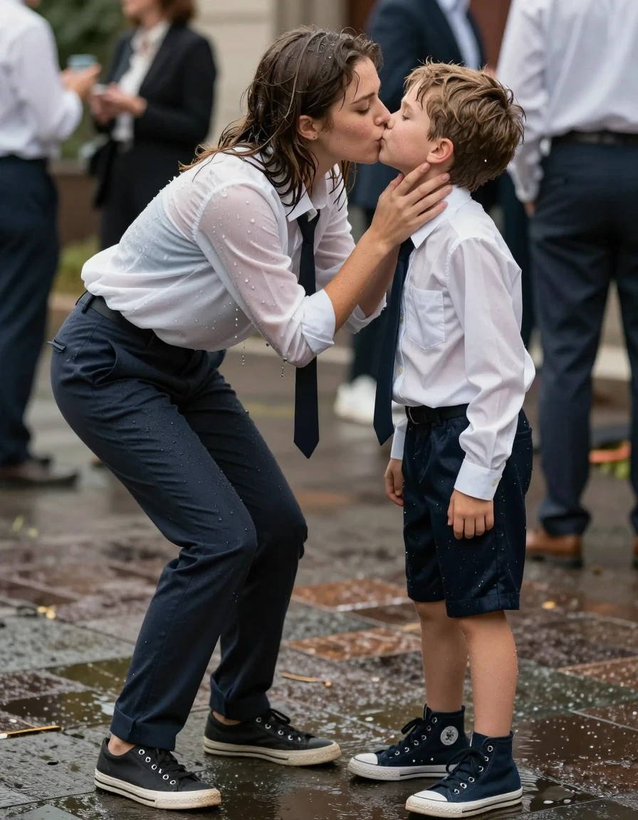photo of young woman, in soaking wet, drenched clothes,
Shoes, Office trousers, Office shirt and jacket, Student party, 
enjoying, wet clothes stuck to body,
detailed textures of the wet clothes, wet face, wet plastered hair,
wet, drenched, professional, high-quality details, full body view.
sharp focus, ultra-high pixel detail, realistic, high-quality, full colors, incredibly detailed, 4k, 8k, 16k, hyper-realistic, RAW photo, masterpiece, ultra-detailed, professionally color graded, professional photograph, Kissing boy, wet skin, wet clothes, damp fabric