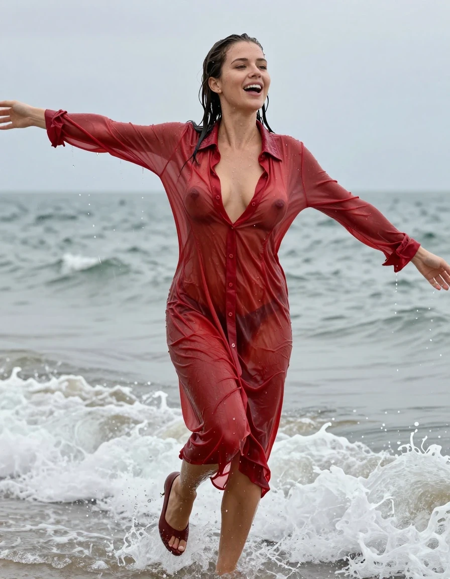 photo of young woman, in soaking wet, drenched clothes,
pumps, , see-through, transparent, red cotton floor-length shirt dress, collar-up, complete buttoned-up, long sleeves, completely soaked, clinging to her body and clearly visible breasts and nipples underneath, with no bra worn, shower on her blouse and head, deep water, arms stretched out horizontally to the side, running in the waves on the beach, 
enjoying, wet clothes stuck to body,
detailed textures of the wet clothes, wet face, wet plastered hair,
wet, drenched, professional, high-quality details, full body view.
sharp focus, ultra-high pixel detail, realistic, high-quality, full colors, incredibly detailed, 4k, 8k, 16k, hyper-realistic, RAW photo, masterpiece, ultra-detailed, professionally color graded, professional photograph, view form the side, laughing, brunette, very long, heavy rain, completely soaked, drenched, dripping wet, wet skin, wet hair, wet clothes, damp fabric, wet skin, damp fabric, wet clothes, wet skin, wet clothes, damp fabric, wet skin, wet clothes, damp fabric, wet skin, wet clothes, damp fabric, wet skin, wet clothes, damp fabric, wet skin, wet clothes, damp fabric