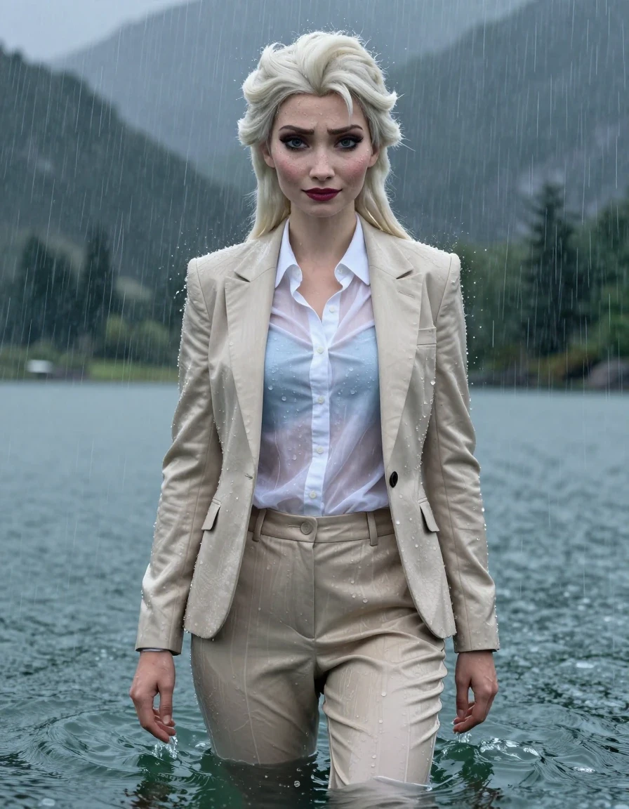 A photorealistic, full-body portrait of Disney Elsa from Frozen as a young adult European woman with a long layered side-parted hairstyle, standing in a mountain lake during a heavy rainstorm. She is fully submerged up to her breasts in deep water, looking with a seductive expression and open eyes. She is wearing a white button-down long-sleeve shirt under a beige business suit jacket and matching beige business suit trousers. All clothing is completely soaked, fully drenched, and clinging to her body; the white shirt is rendered translucent from the heavy water saturation, revealing skin texture underneath. Her skin and hair are glistening with water sheen, with heavy rain showering over her. The fabric shows visible dampness, heavy folds, and dark, saturated patches where the water has been absorbed. The scene is set in a dramatic, stormy mountain lake environment with high-contrast lighting, 4k high resolution, hyper-realistic wet skin and fabric textures, detailed water ripples, and dramatic atmospheric rain effects.