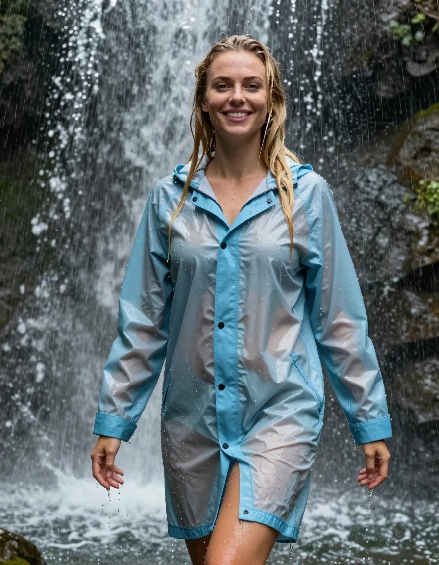 photo of young woman, in soaking wet, drenched clothes,
No underwear , Light blue raincoat soaking wet,  no bra, Standing in the waterfall in the pouring rain , 
enjoying, wet clothes stuck to body,
detailed textures of the wet clothes, wet face, wet plastered hair,
wet, drenched, professional, high-quality details, full body view.
sharp focus, ultra-high pixel detail, realistic, high-quality, full colors, incredibly detailed, 4k, 8k, 16k, hyper-realistic, RAW photo, masterpiece, ultra-detailed, professionally color graded, professional photograph, photo of young woman, in soaking wet, drenched light blue rainjacket ,, dripping wet, shiny, completely soaked, , clinging to her  body  with no bra worn, shower on her , deep water, arms to the side, in a waterfall, enjoying, wet clothes stuck to body, detailed textures of the wet clothes, wet face, wet plastered hair, wet, drenched, professional, high-quality details, full body view. sharp focus, ultra-high pixel detail, realistic, high-quality, full colors, incredibly detailed, 4k, 8k, 16k, hyper-realistic, RAW photo, masterpiece, ultra-detailed, professionally color graded, professional photograph, blond, very long hair soaking wet, smiling, looking to the camera, completely soaked, drenched, dripping wet, wet skin, wet hair, wet clothes, damp fabric, wet skin, drenched fabric, wet clothes, wet skin, wet clothes, damp fabric, wet skin, wet clothes, damp fabric, wet skin, wet clothes, drenched fabric, wet skin, wet clothes, damp fabric, wet skin, wet clothes, damp fabric, wet skin, wet clothes, damp fabric, wet skin, wet clothes, damp fabric